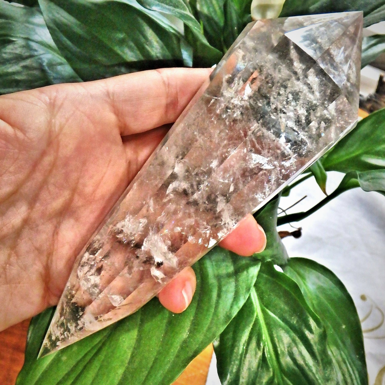 Long Large & Beautiful Slightly Smoky Quartz Vogel Carving From Brazil - Earth Family Crystals