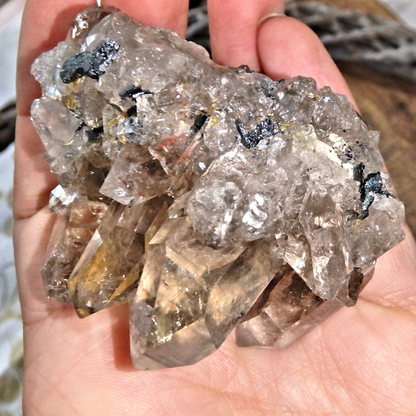 Gorgeous Golden Rutile and Black Hematite Included Smoky Quartz Cluster From Brazil - Earth Family Crystals