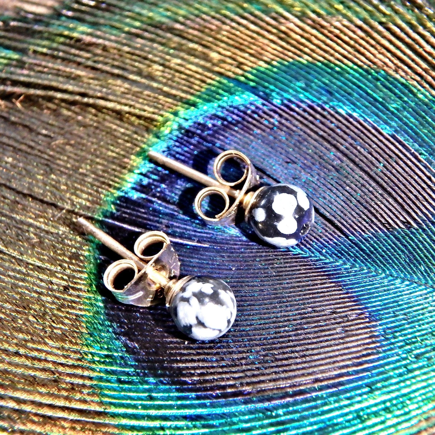  Dainty Snowflake Obsidian Stud Earrings Gold Fill