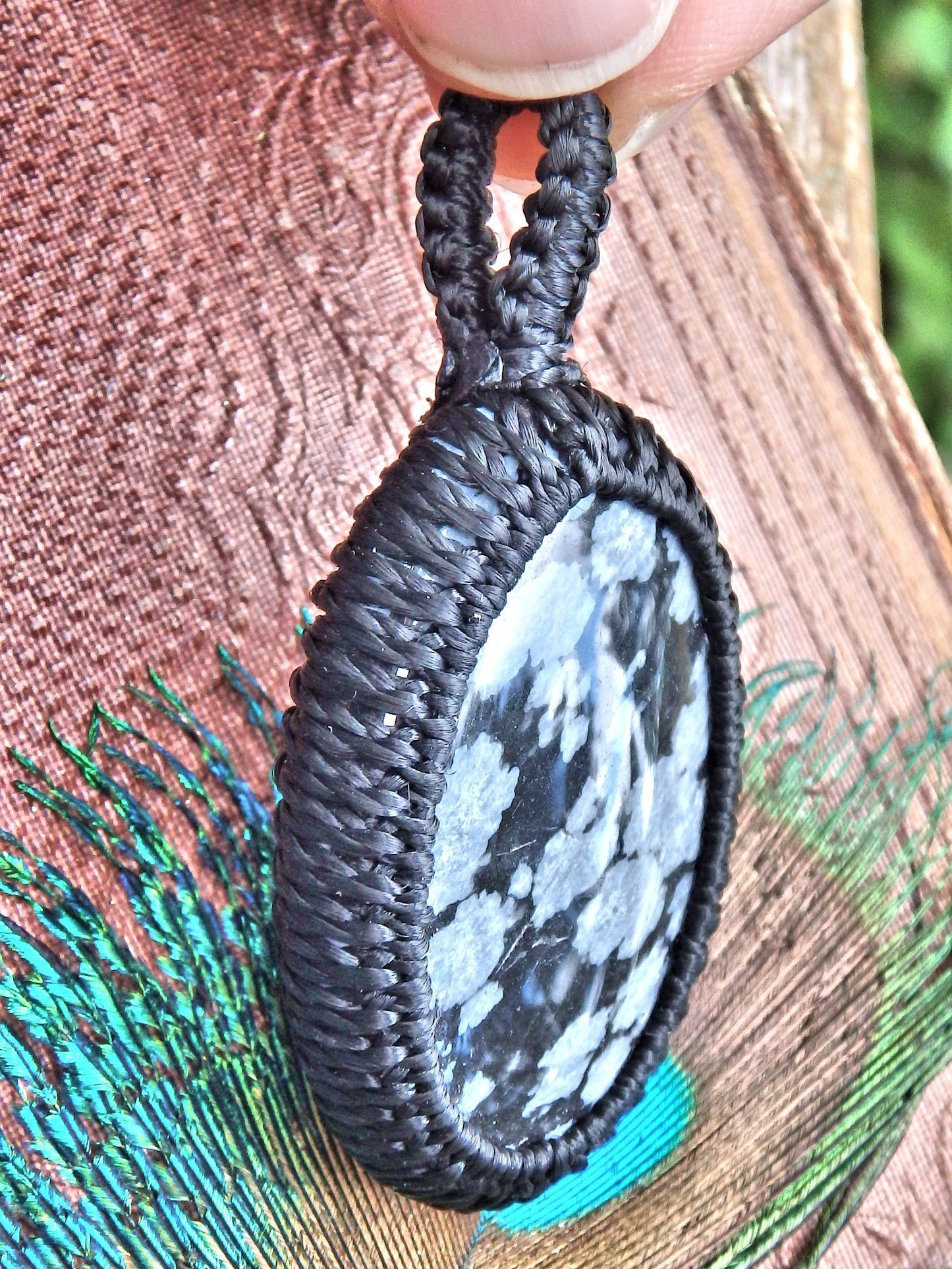  Billowy White Snowflake Obsidian  Macrame Wrapped Pendant