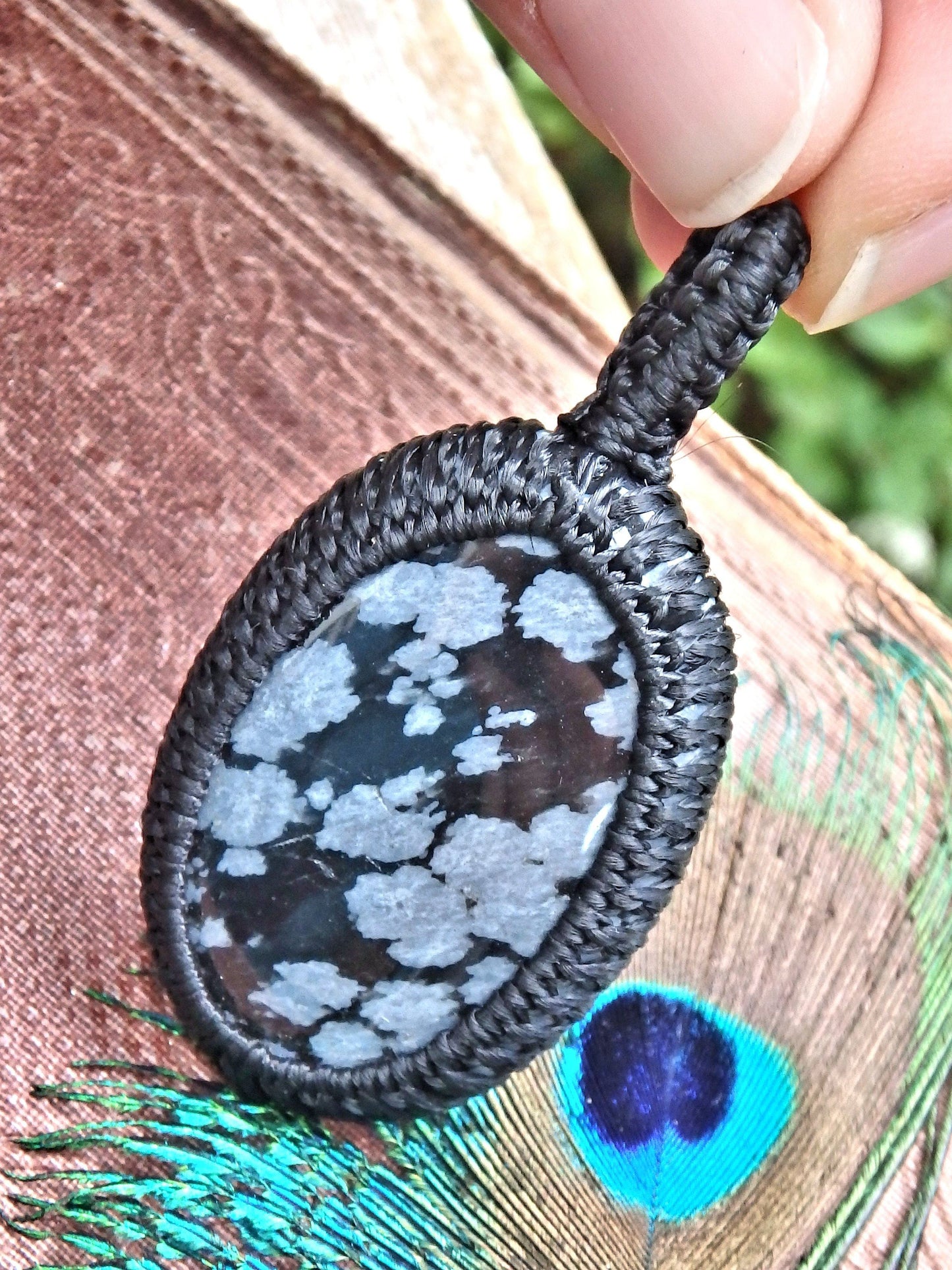  Billowy White Snowflake Obsidian  Macrame Wrapped Pendant