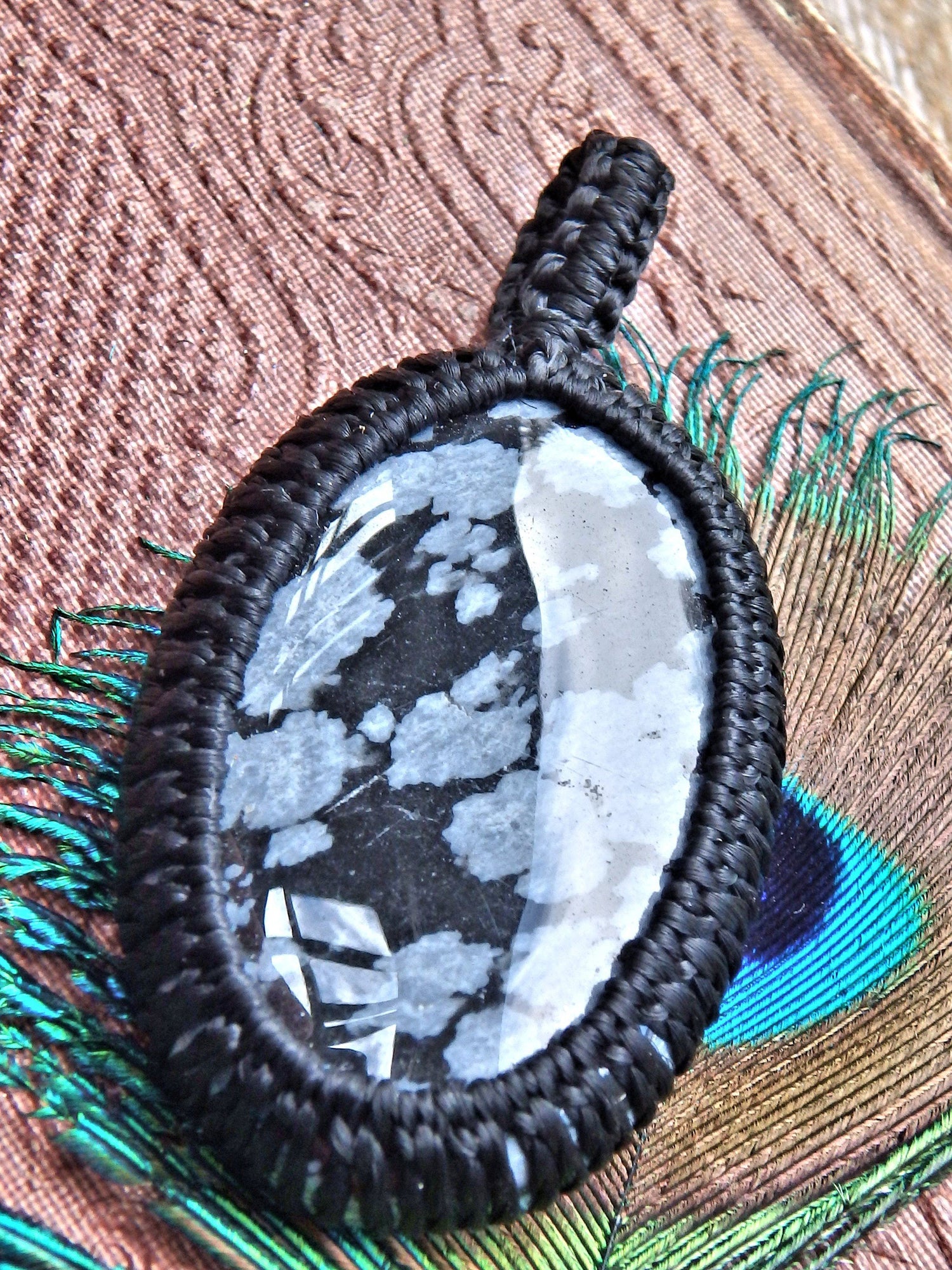  Billowy White Snowflake Obsidian  Macrame Wrapped Pendant