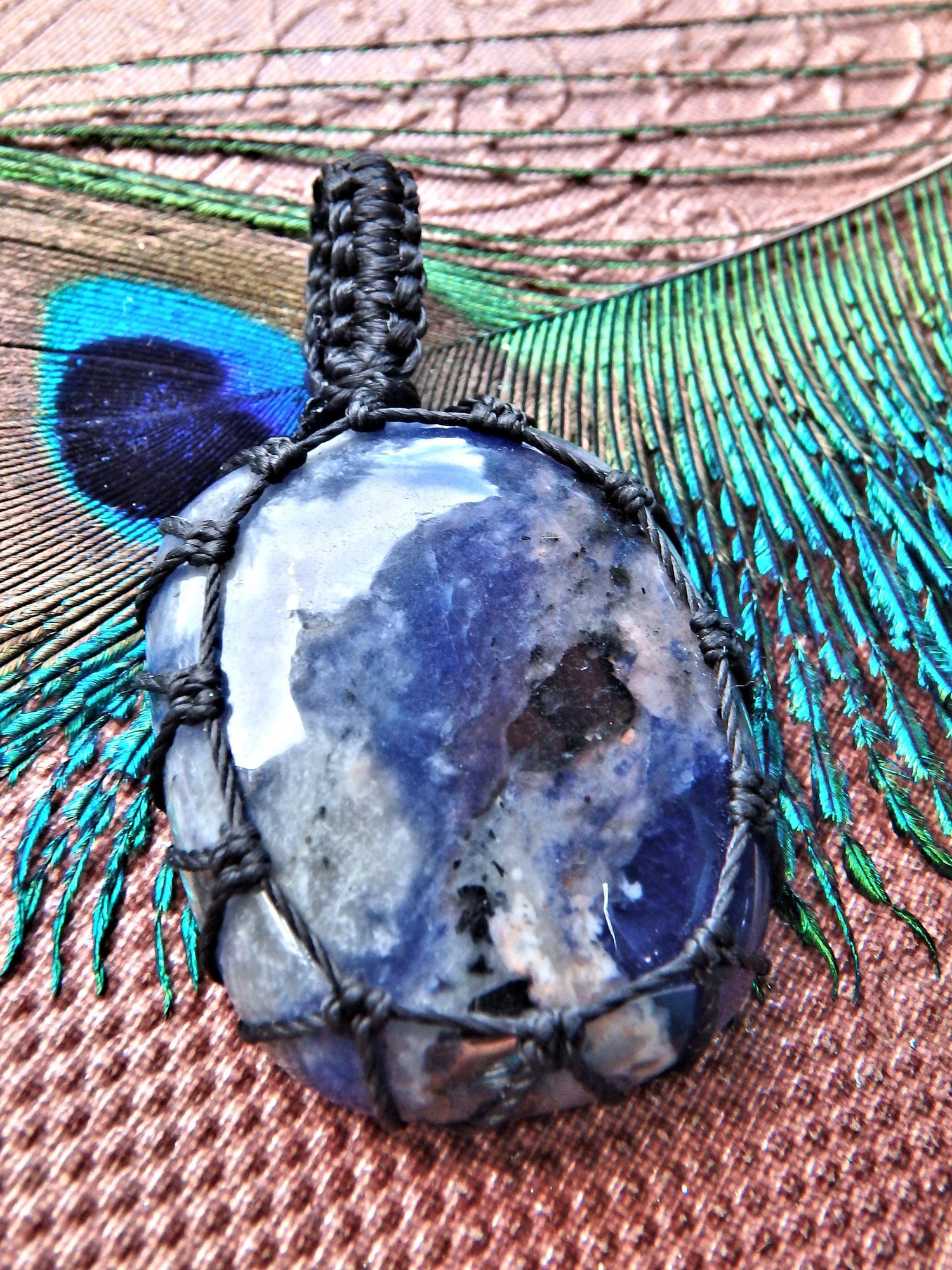  Cloudy Blue Sodalite  Macrame Wrapped Pendant