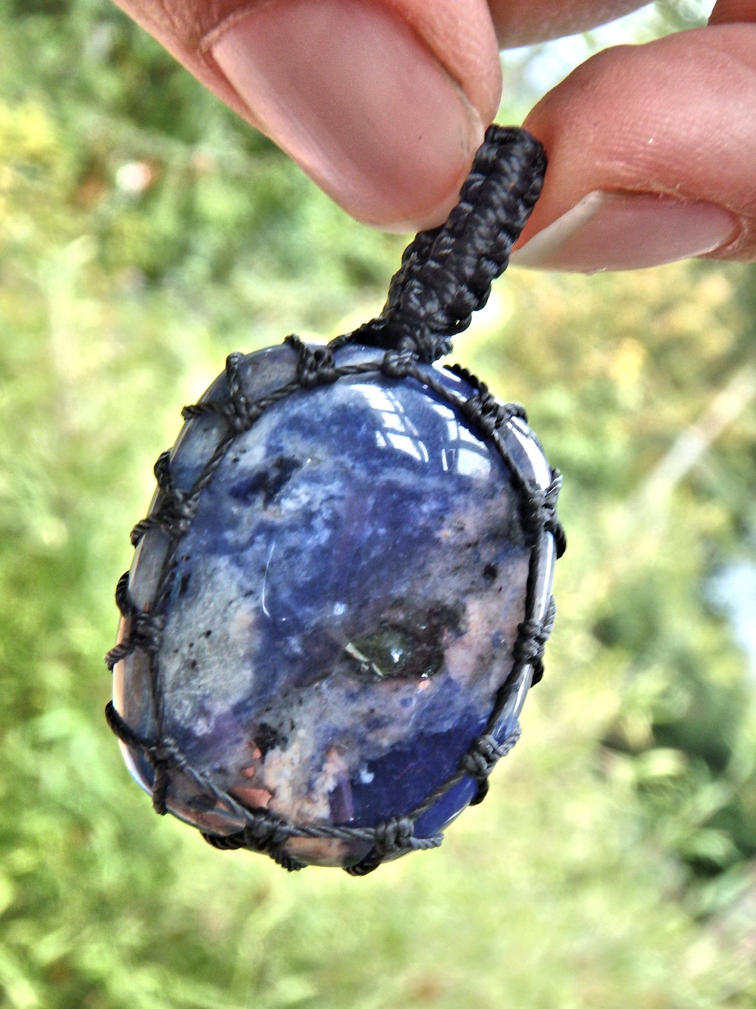  Cloudy Blue Sodalite  Macrame Wrapped Pendant