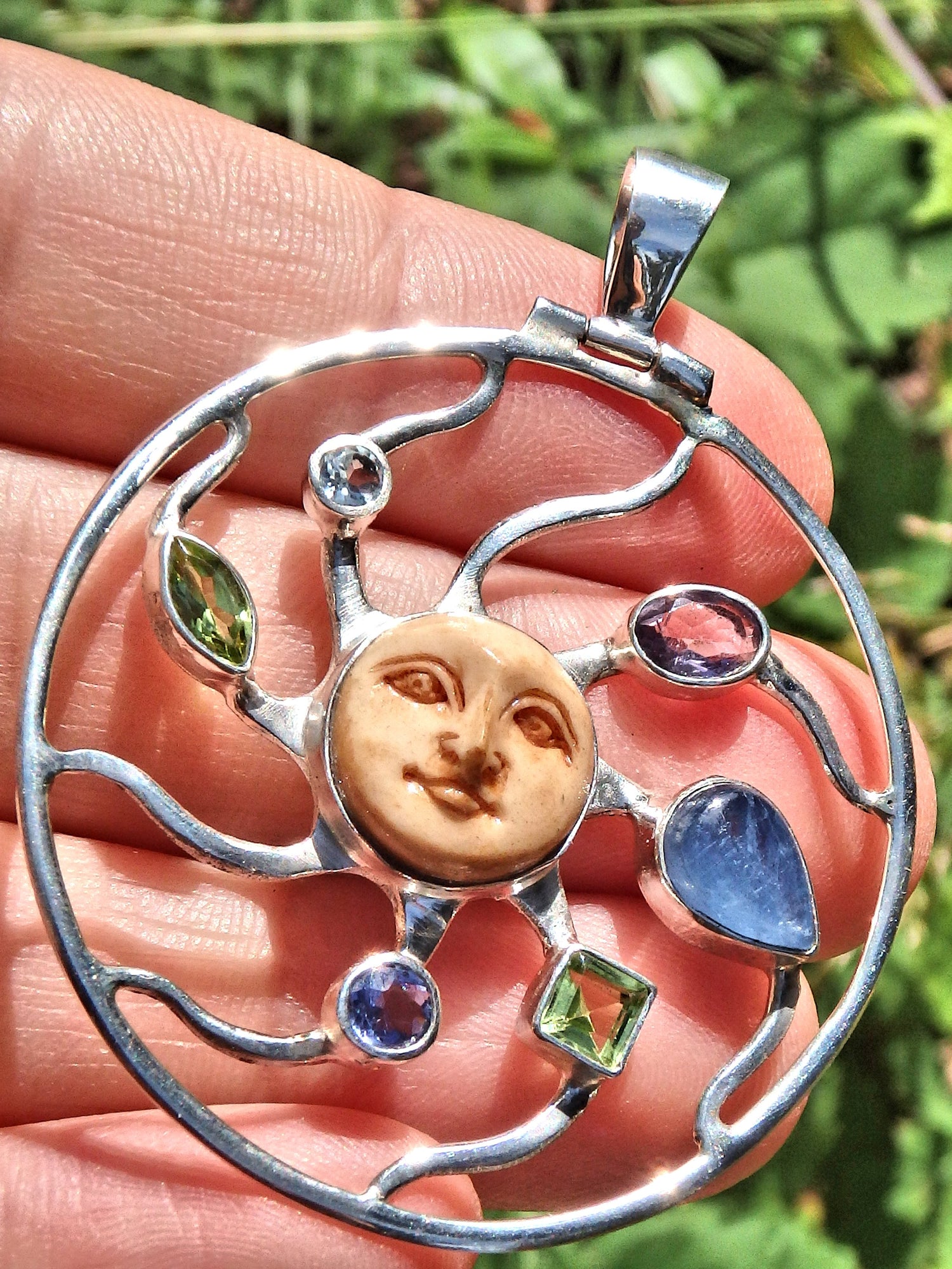 Pretty Blue Kyanite, Peridot, Blue Topaz, Amethyst & Iolite Bone Sun Carved  Pendant in Sterling Silver (Includes Silver Chain) - Metiz Tier Price
