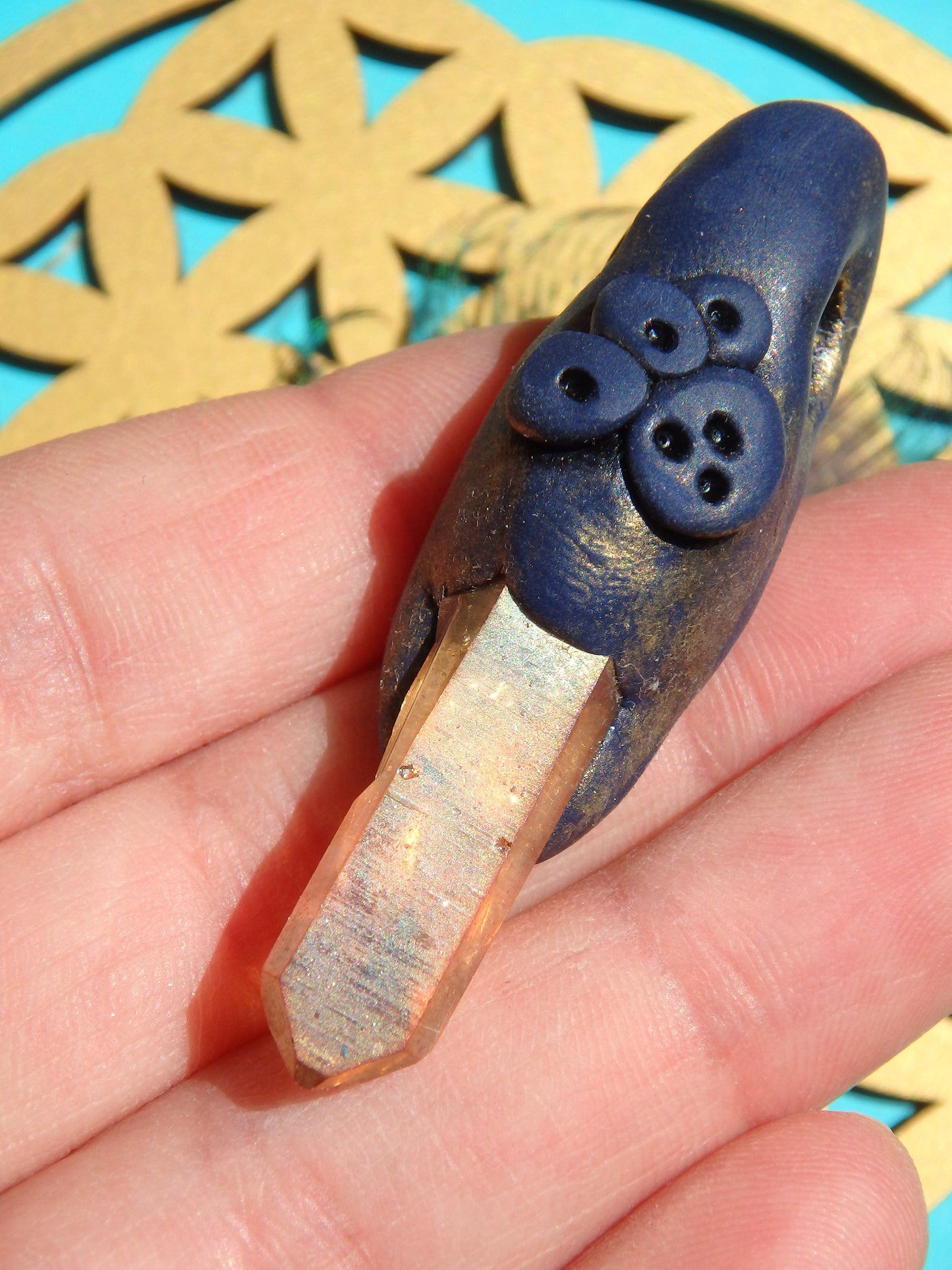  Brilliant Sunshine Aura Quartz Antique Style Handmade Energy Pendant (On Adjustable Cotton Cord)