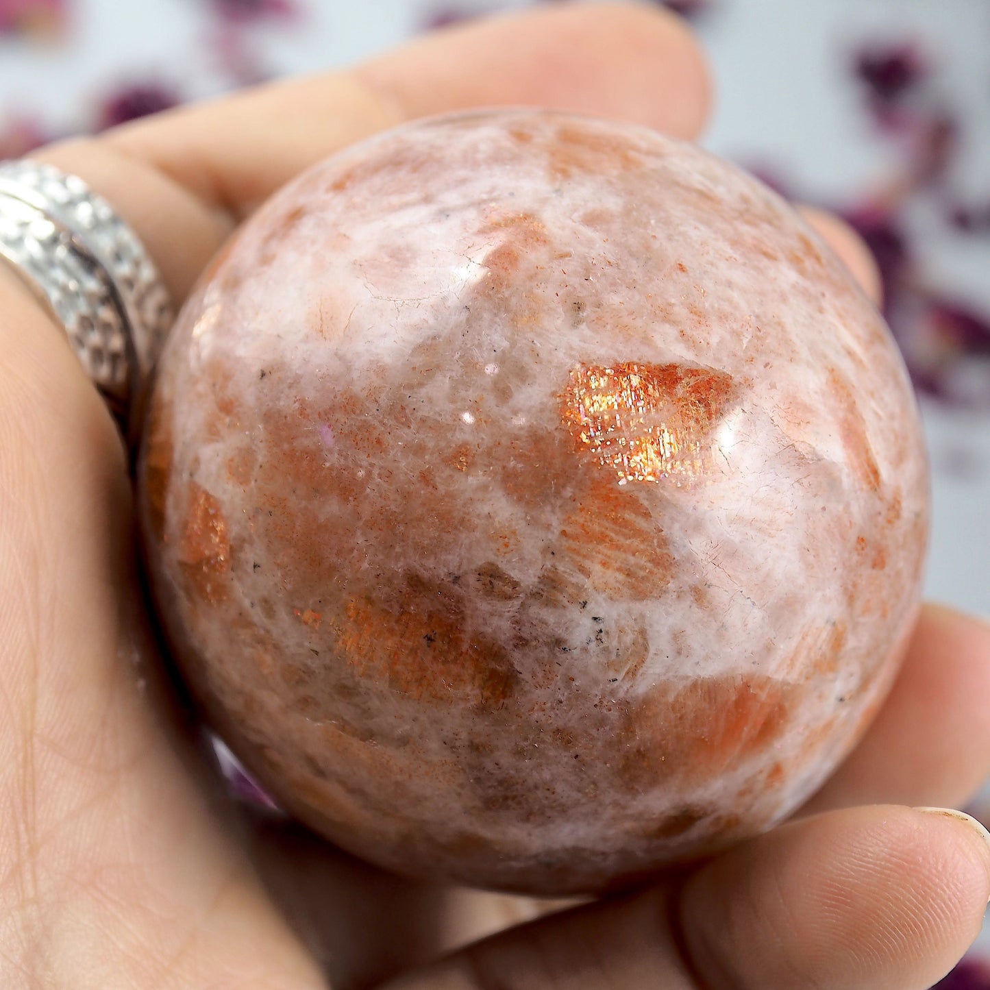  Beautiful Golden Sparkle Orange Sunstone Sphere Carving #2