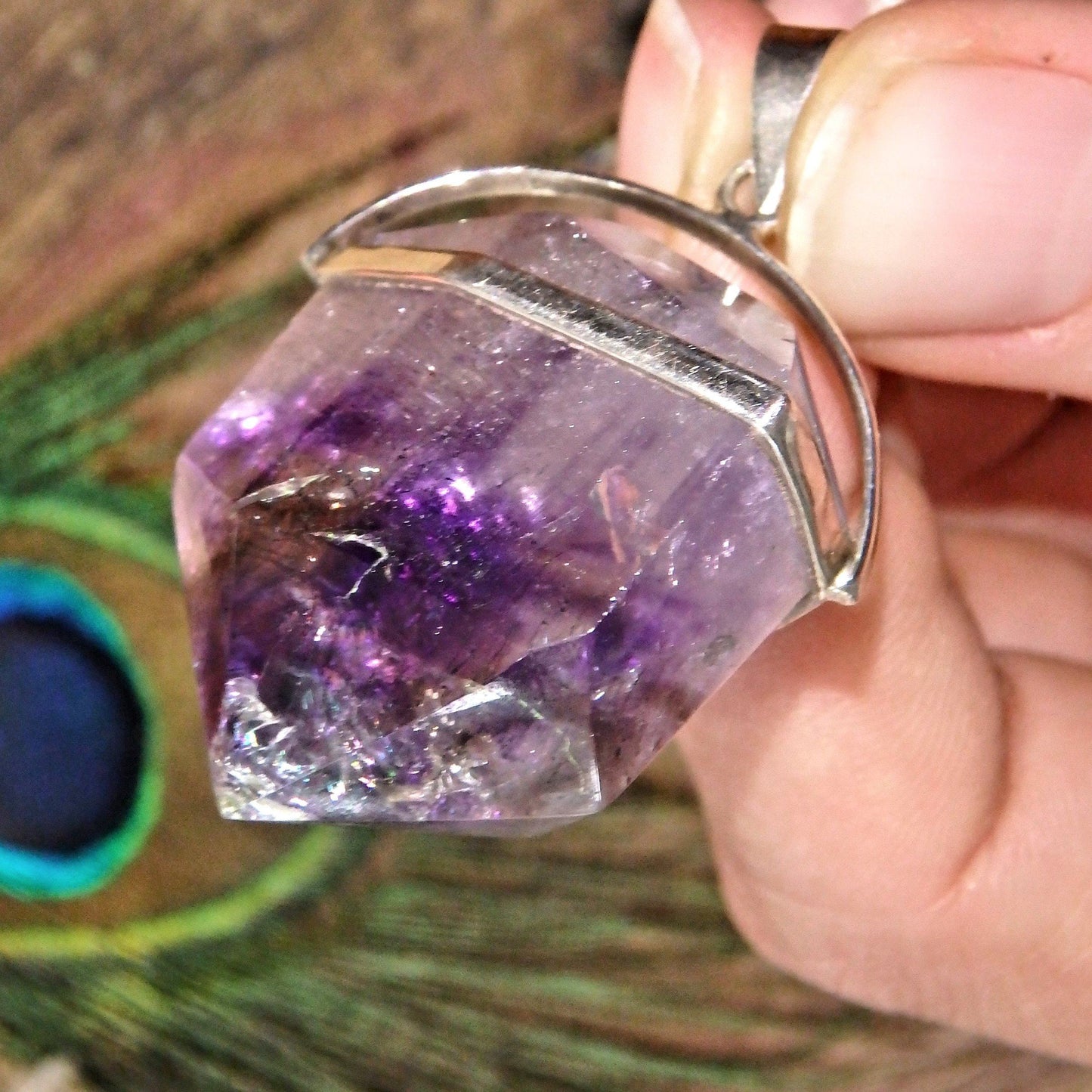  Chunky Grape Purple Super 7 (Melody Stone) Pendant With Caves in Sterling Silver (Includes Silver Chain)1