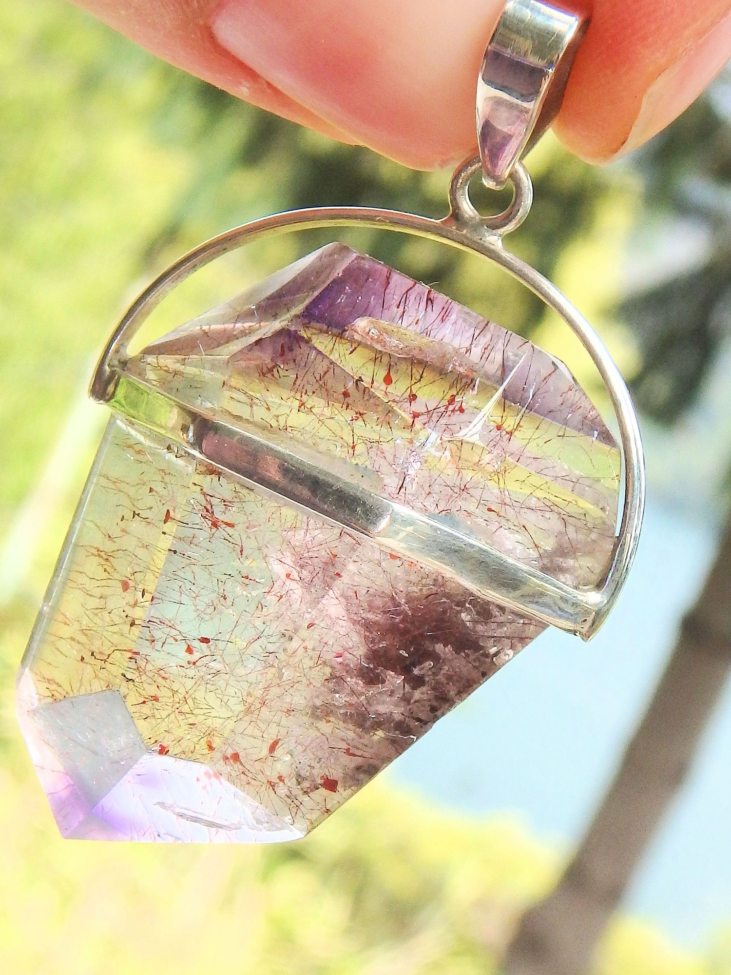 Pretty Inclusions! Chunky Super 7 (Melody Stone) Partially Polished Pendant in Sterling Silver (Includes Silver Chain) - Earth Family Crystals