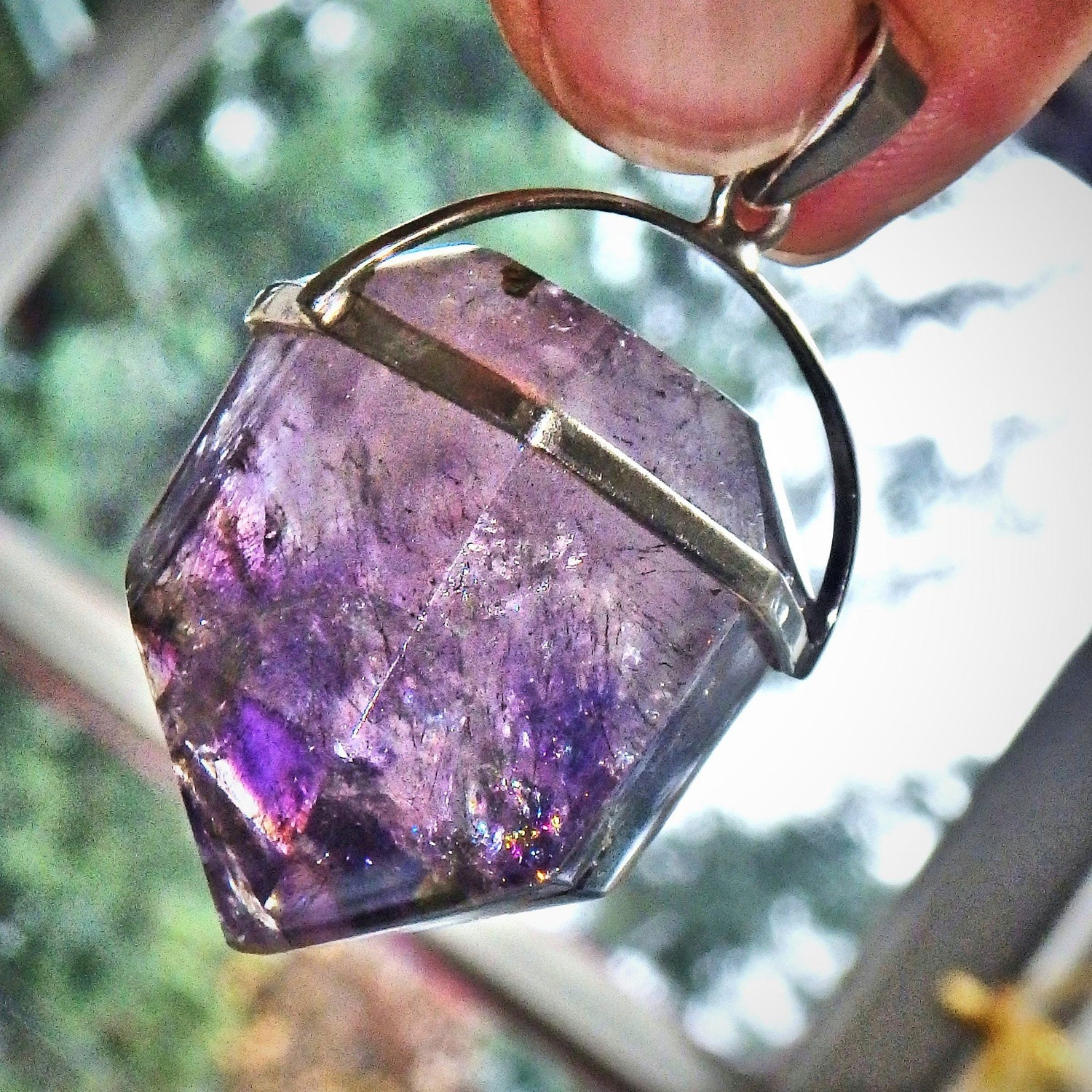  Chunky Grape Purple Super 7 (Melody Stone) Pendant With Caves in Sterling Silver (Includes Silver Chain)1