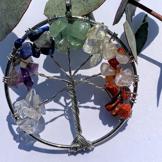  7 Stone Chakra Tree of Life Wire Wrapped Pendant
