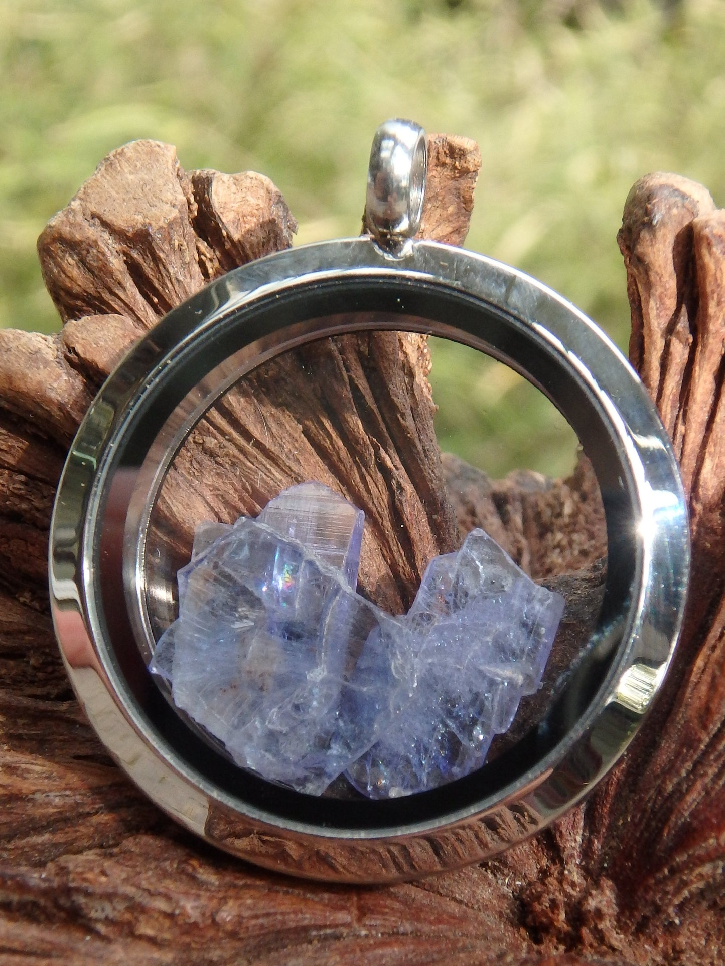 Floating Gemmy Tanzanite Natural Crystals in Stainless Steel Locket Style Pendant (Includes Silver Chain) - Earth Family Crystals