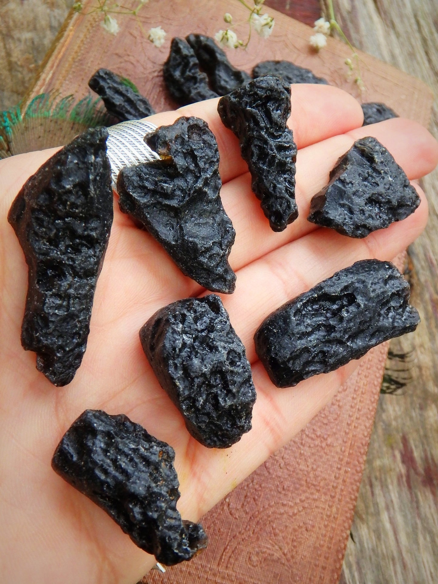 Set of 2 Black Tektite Natural Free Form Pocket Stones - Metiz Tier Price