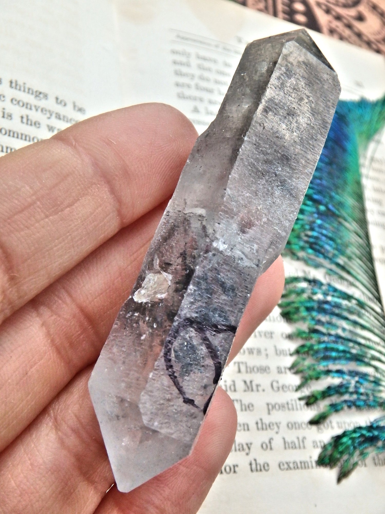Moving Black Fragment Bubble in DT Tibetan Quartz Point - Earth Family Crystals