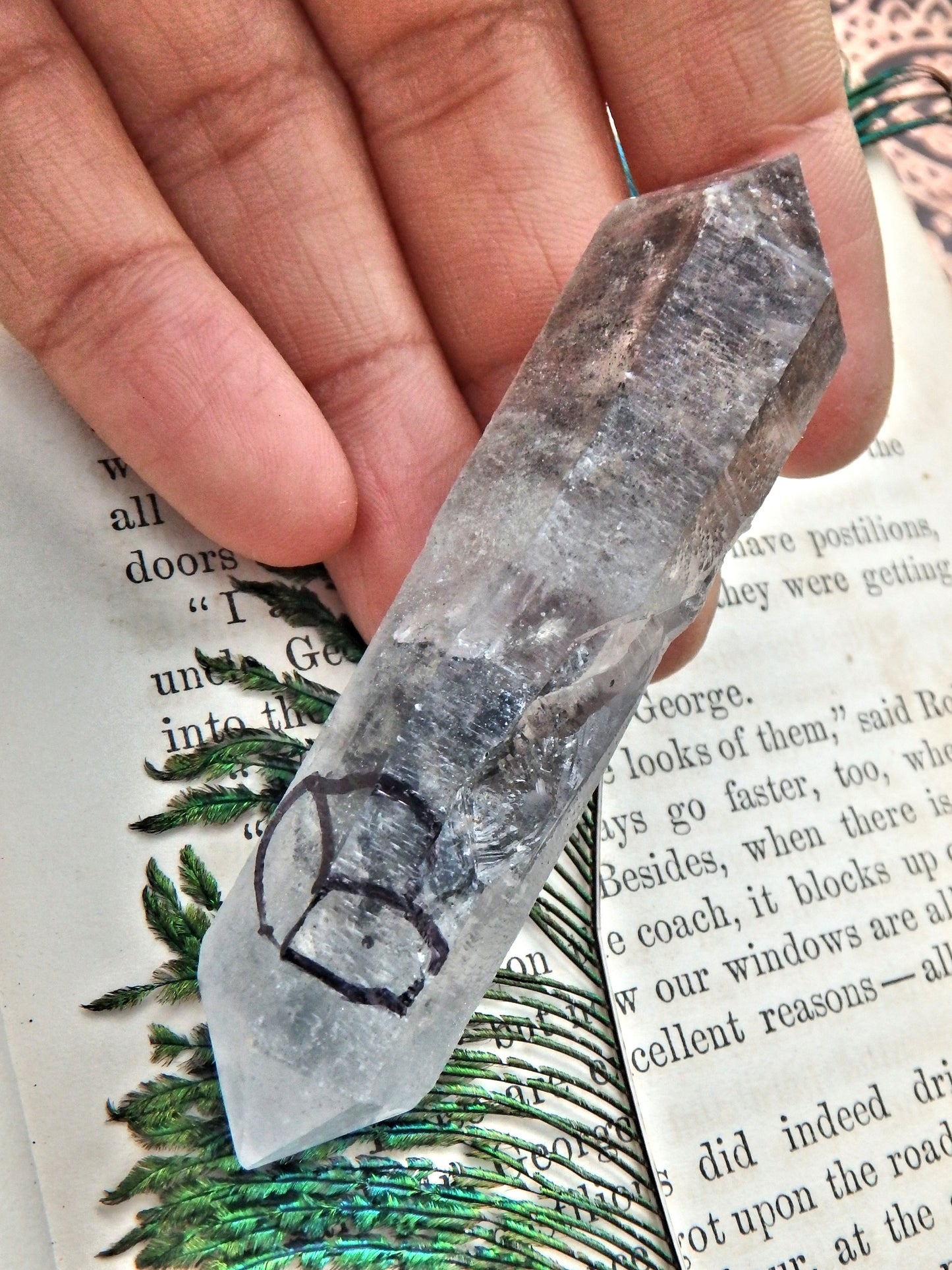 Moving Black Fragment Bubble in DT Tibetan Quartz Point - Earth Family Crystals