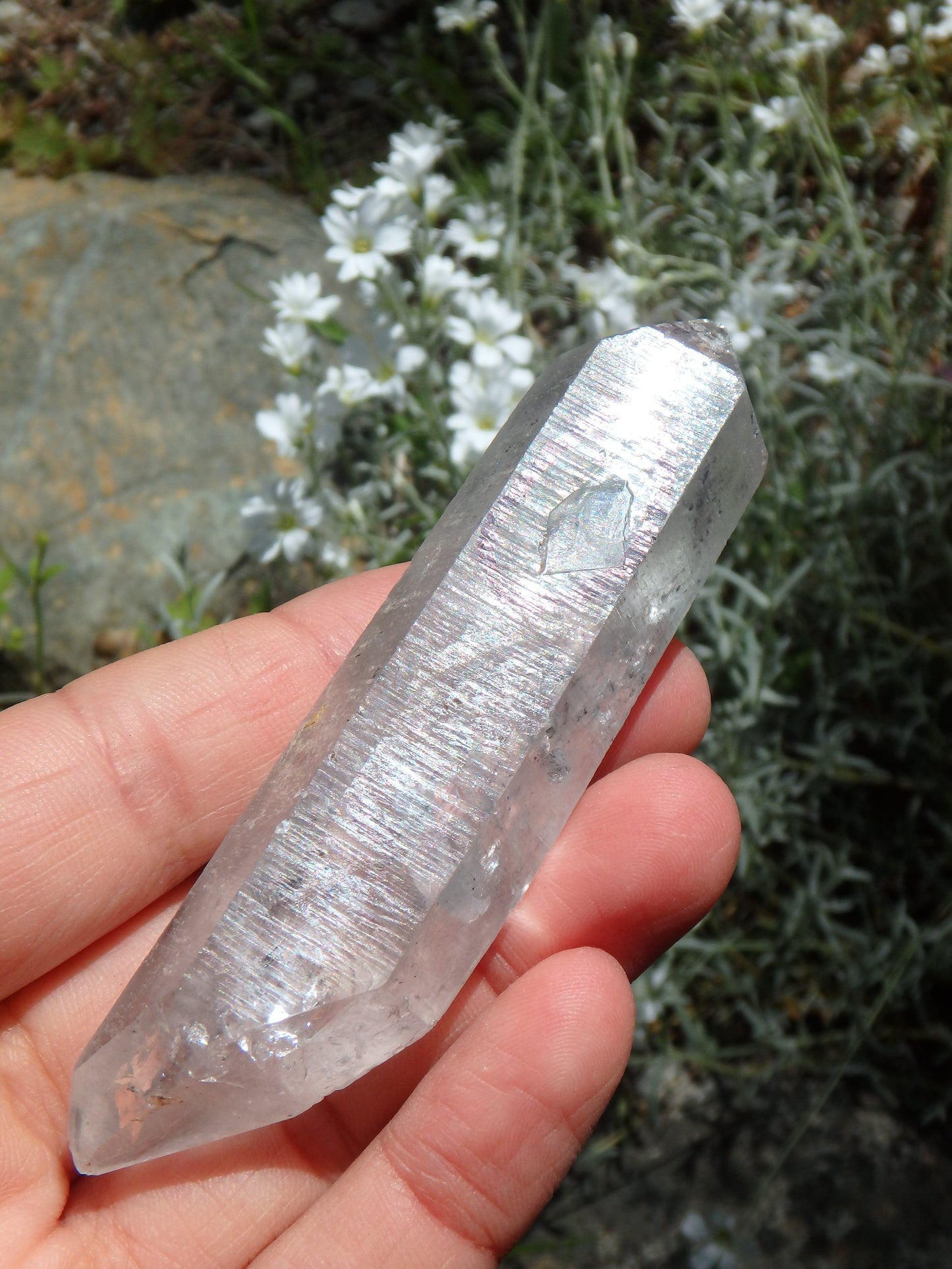 Moving Black Fragmant Bubbles in DT Tibetan Quartz Point - Earth Family Crystals
