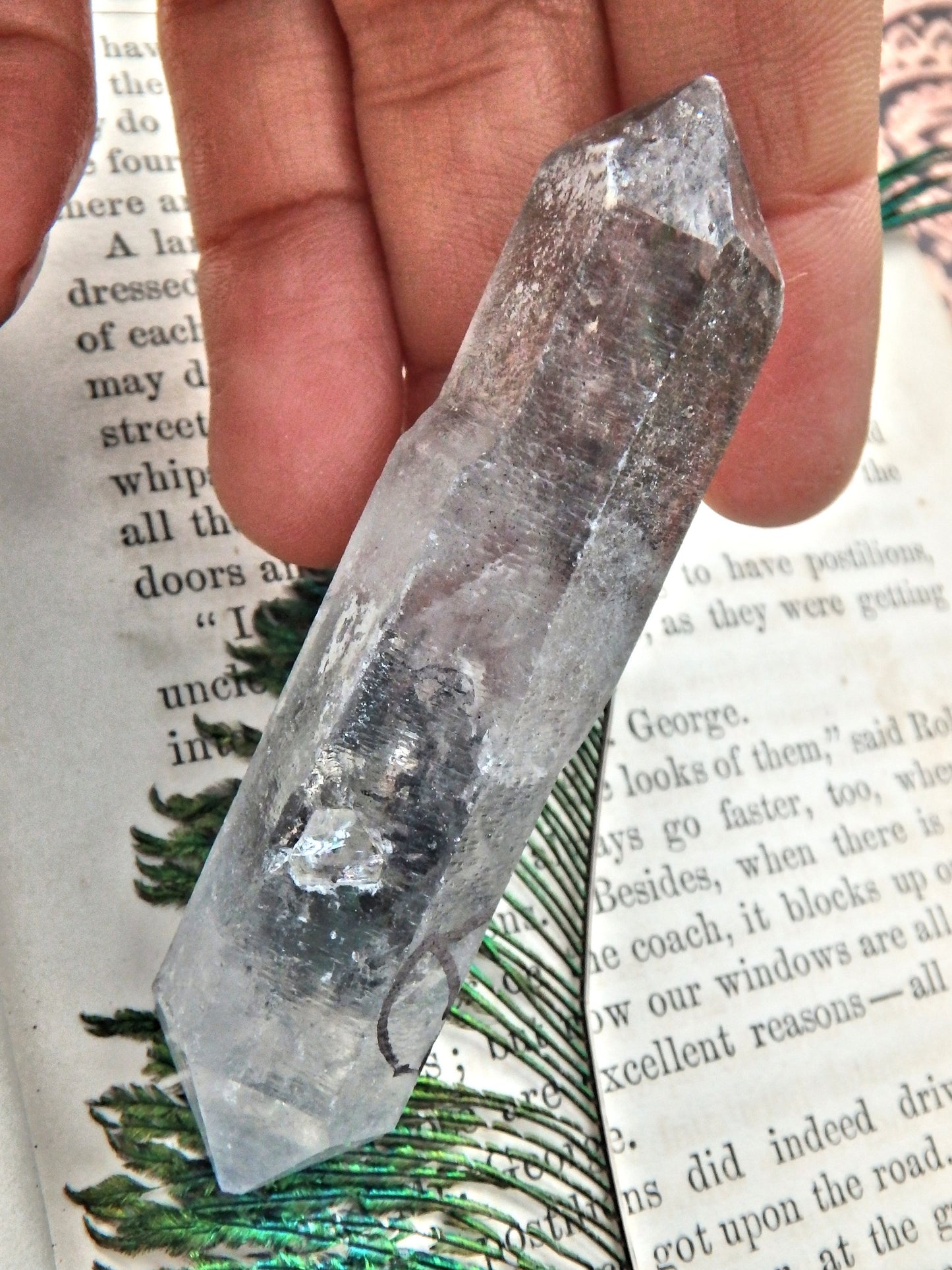 Moving Black Fragment Bubble in DT Tibetan Quartz Point - Earth Family Crystals