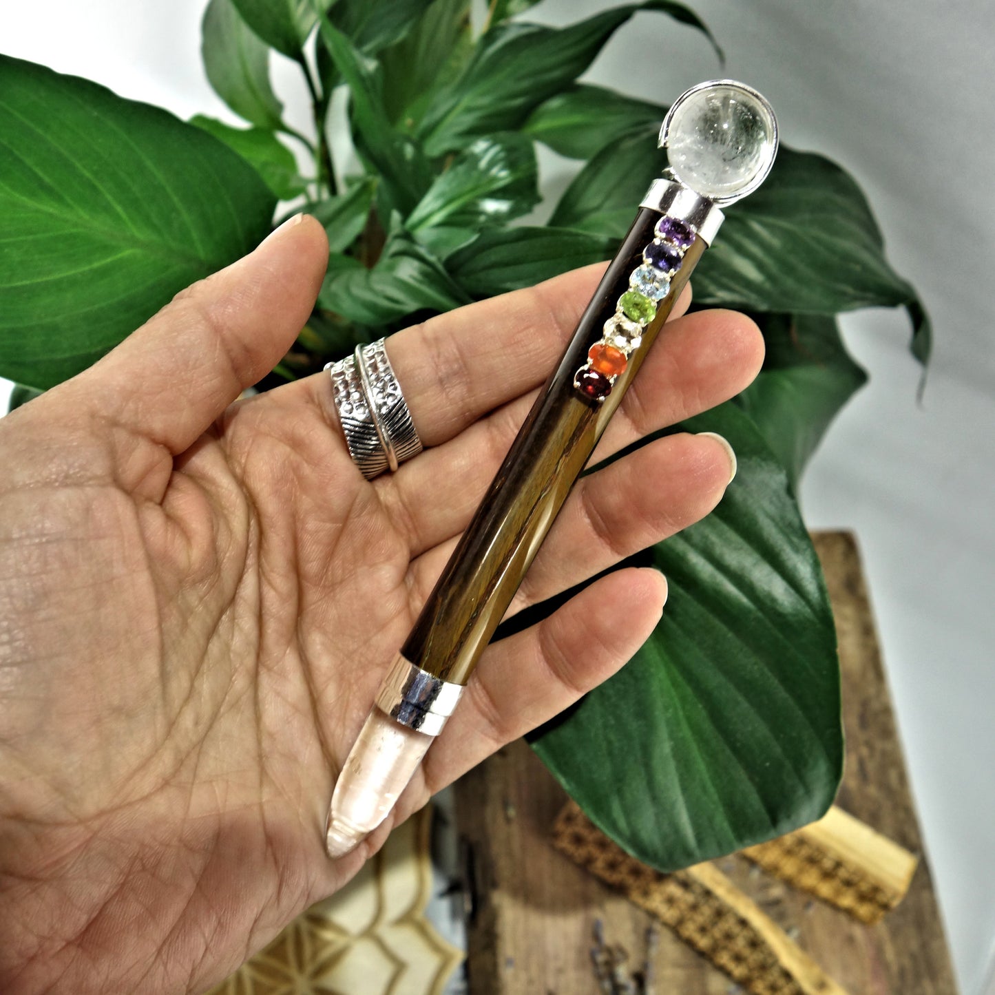 Gorgeous Faceted Chakra Gemstones On Tiger Eye & Clear Quartz Healing Wand - Earth Family Crystals