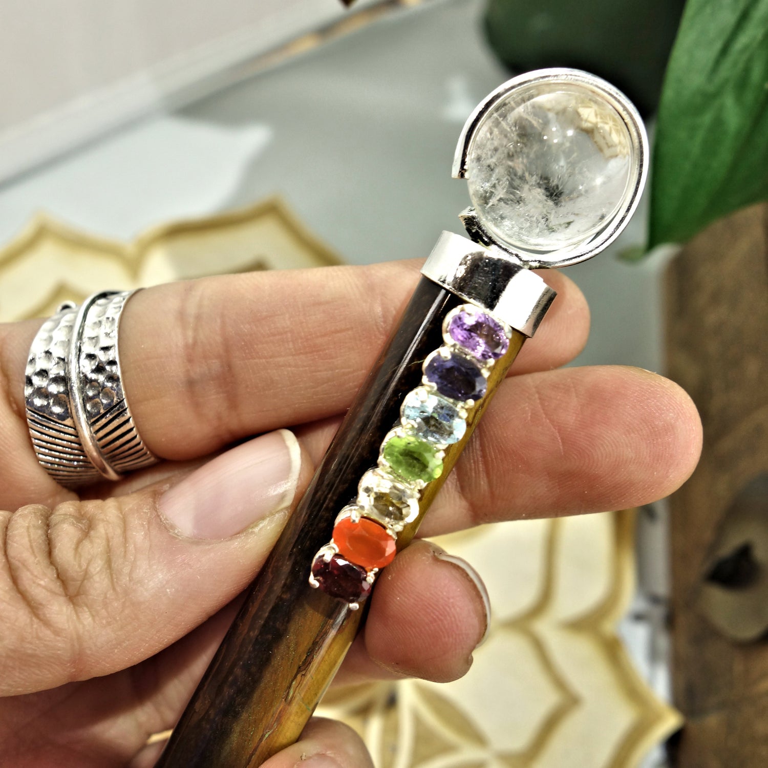 Gorgeous Faceted Chakra Gemstones On Tiger Eye & Clear Quartz Healing Wand - Earth Family Crystals