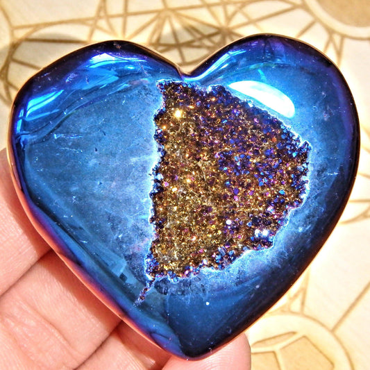  2 Sided Beauty~Cobalt Blue Geode Titanium Druzy & Agate Heart Carving