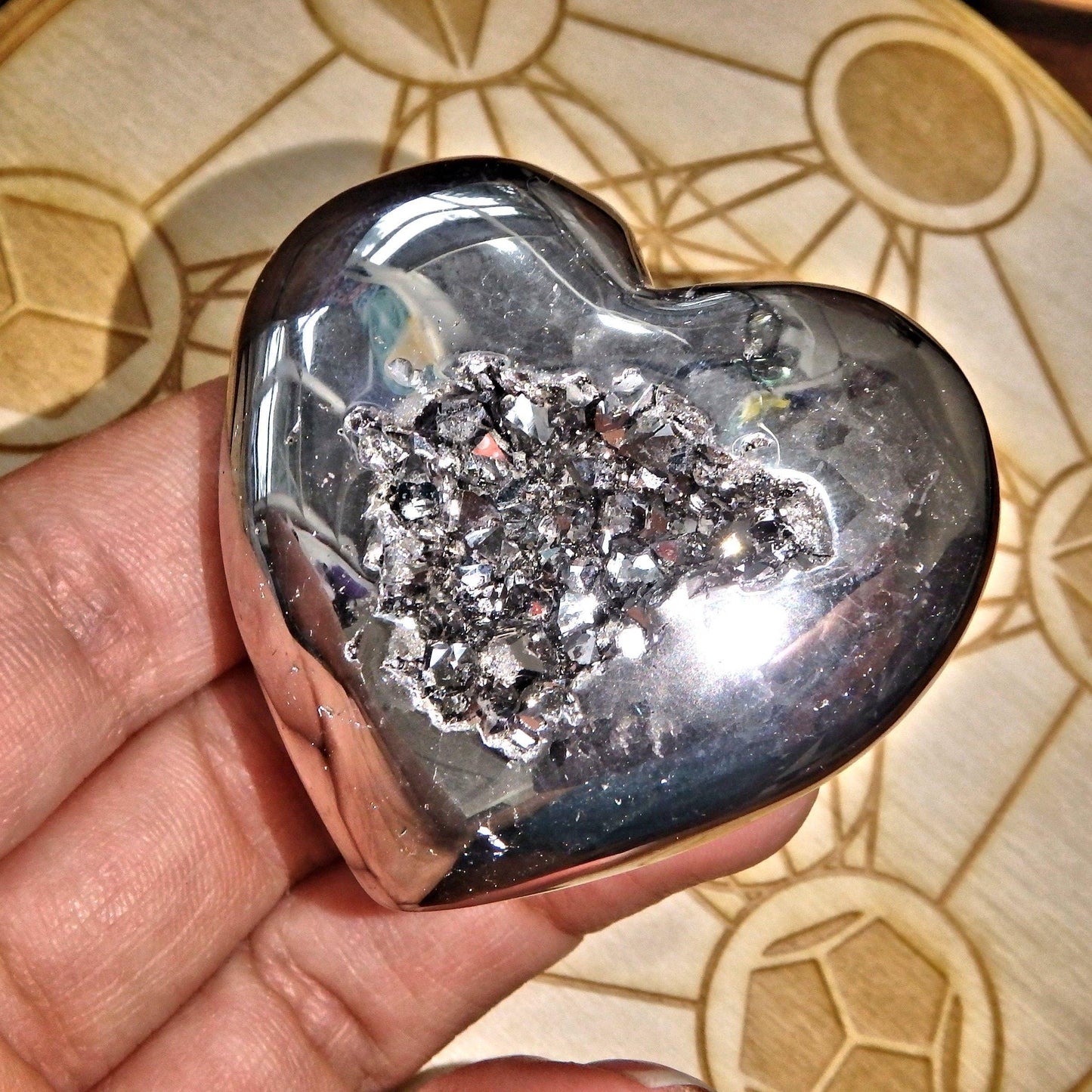  2 Sided Beauty~Silver Geode Druzy & Agate Heart Carving