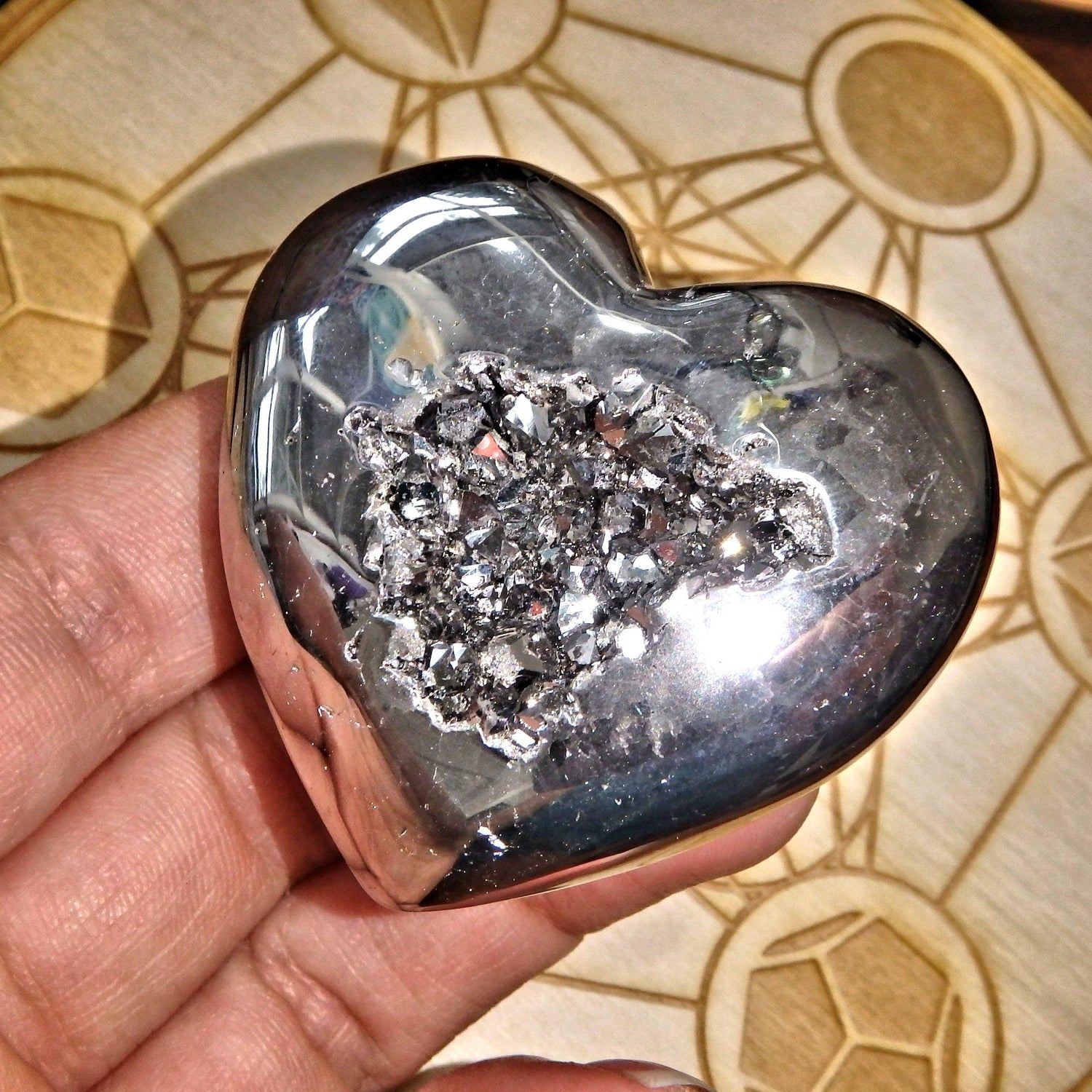  2 Sided Beauty~Silver Geode Druzy & Agate Heart Carving