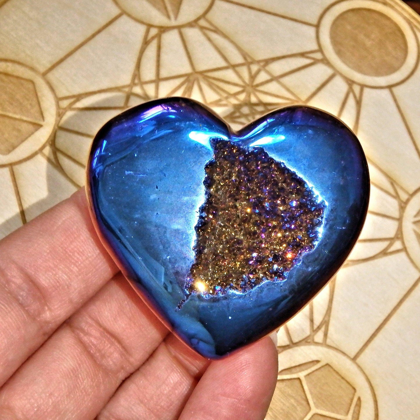  2 Sided Beauty~Cobalt Blue Geode Titanium Druzy & Agate Heart Carving