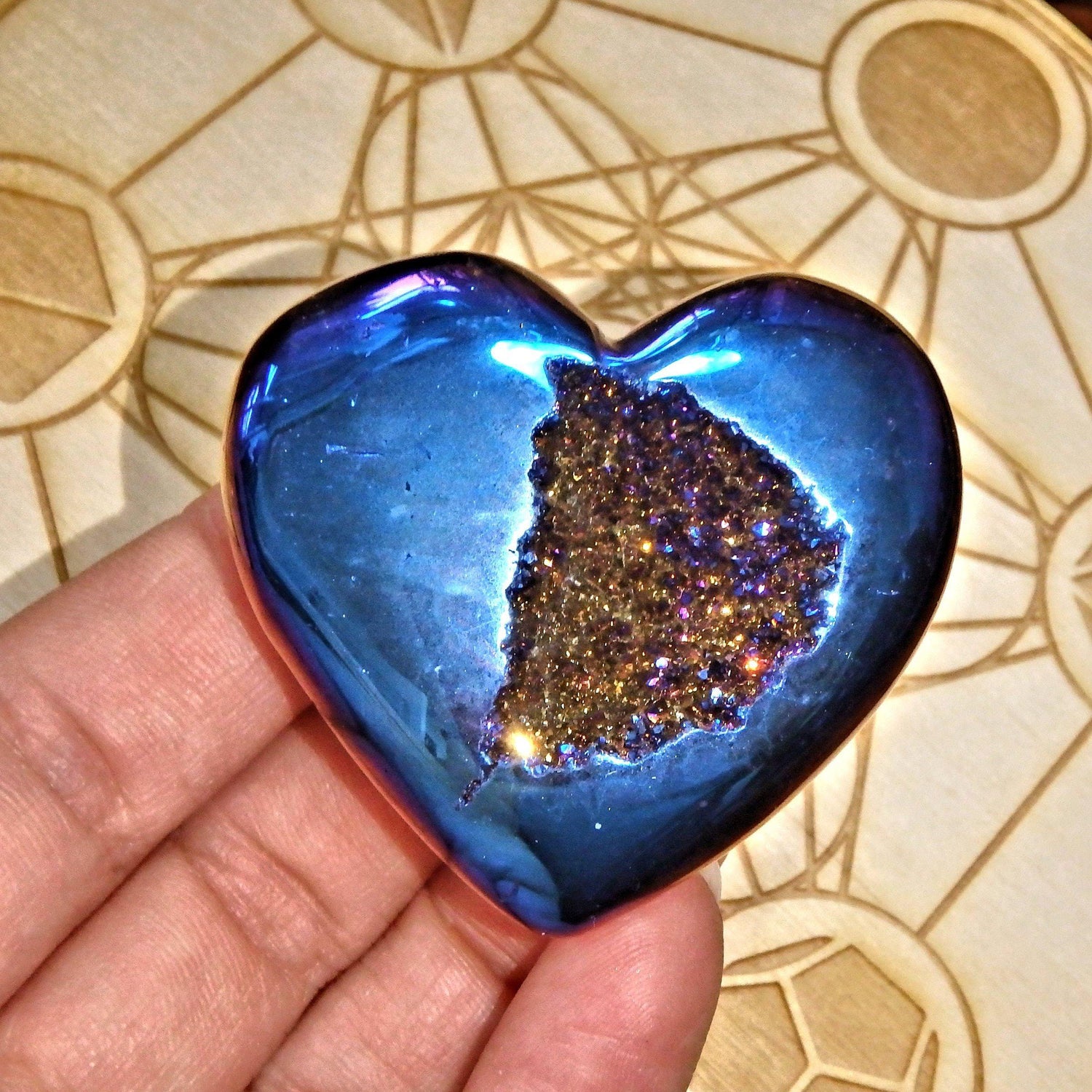  2 Sided Beauty~Cobalt Blue Geode Titanium Druzy & Agate Heart Carving