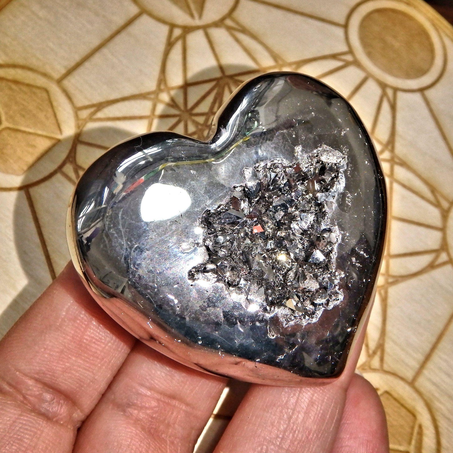  2 Sided Beauty~Silver Geode Druzy & Agate Heart Carving