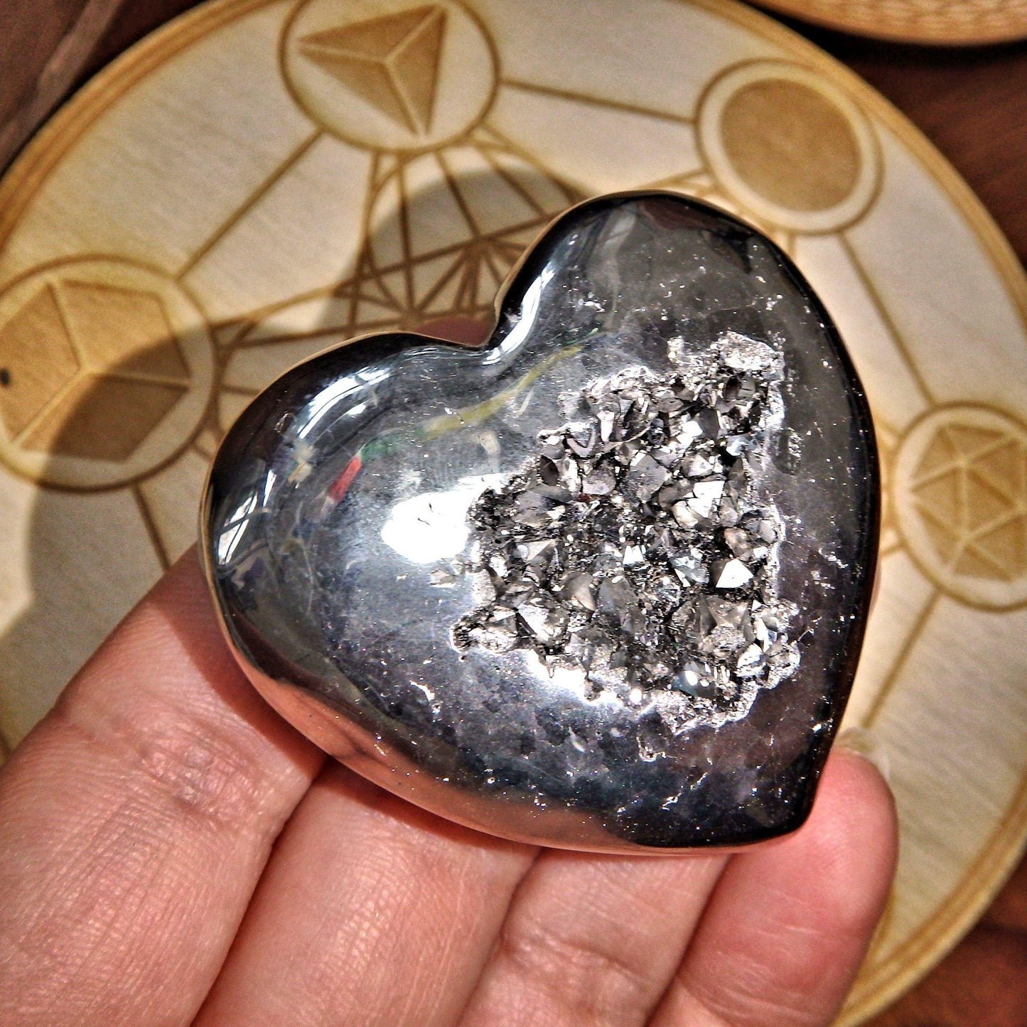  2 Sided Beauty~Silver Geode Druzy & Agate Heart Carving