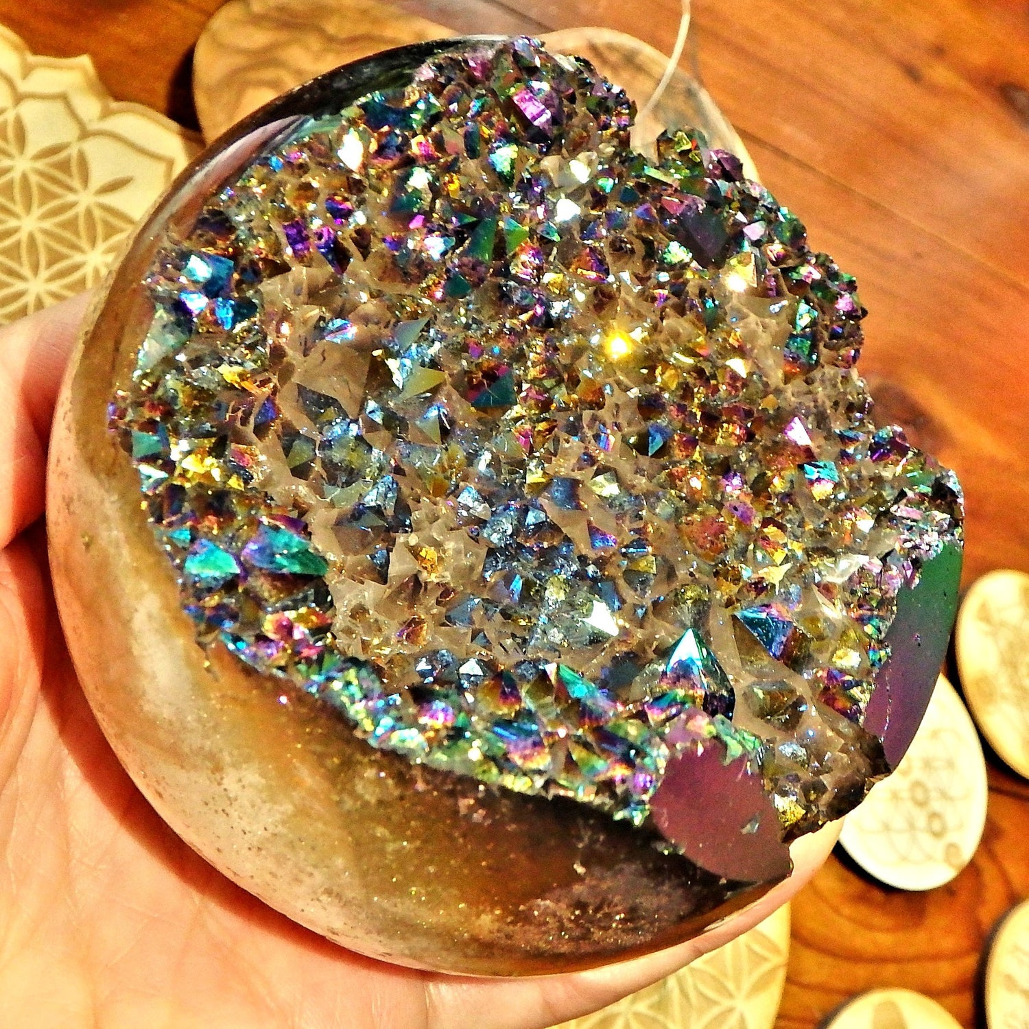 Mesmerizing XL Titanium Quartz Geode Sphere Carving From Brazil - Earth Family Crystals