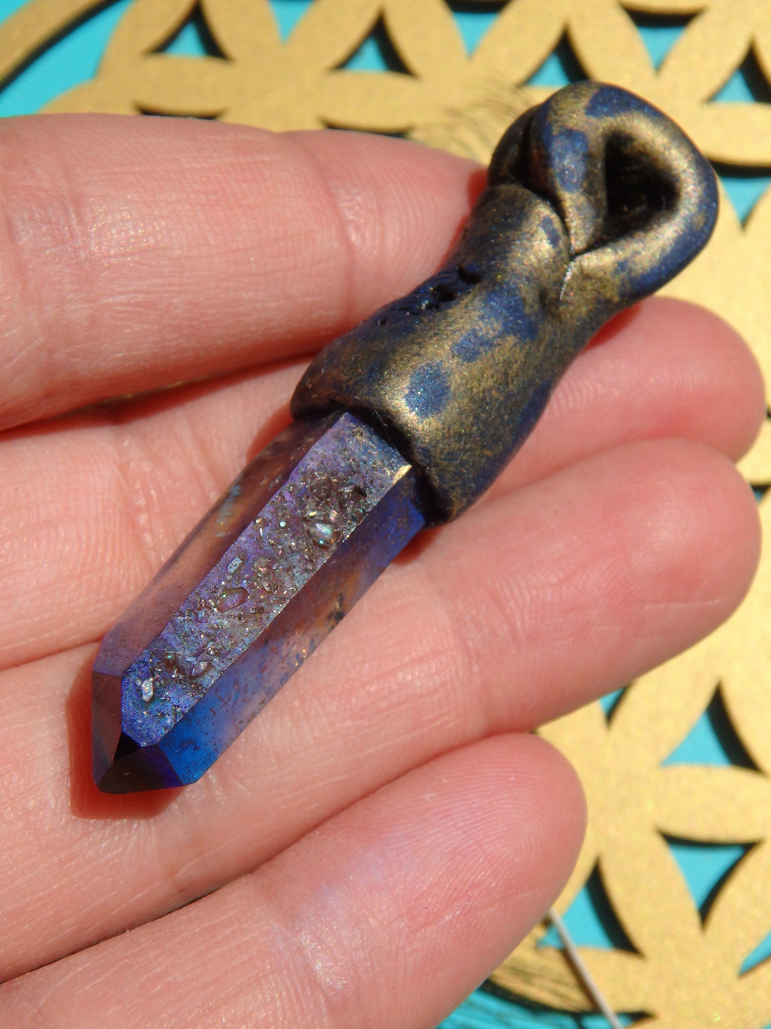  Brilliant Titanium Quartz Point Handmade Energy Pendant (On Adjustable Cotton Cord)