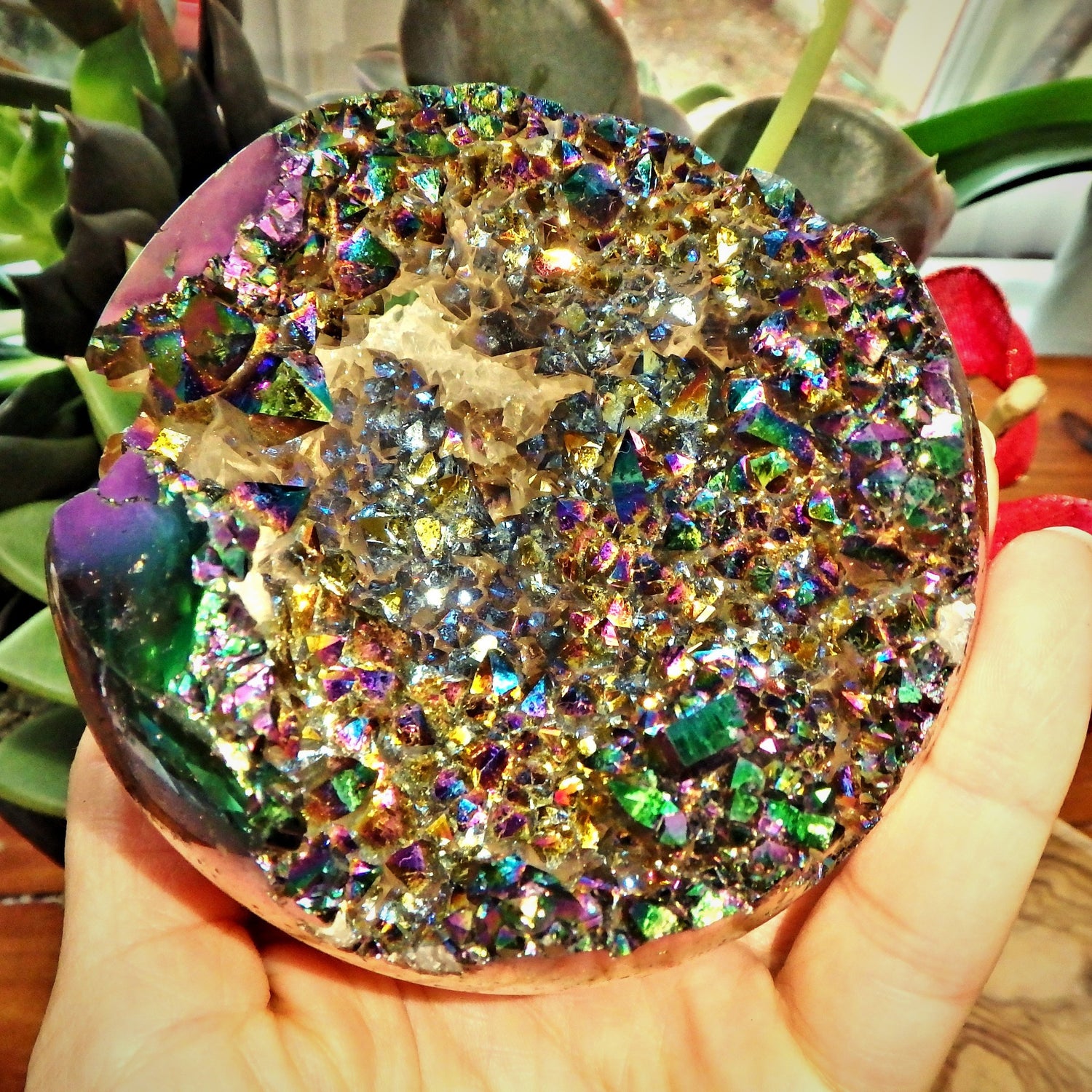 Mesmerizing XL Titanium Quartz Geode Sphere Carving From Brazil - Earth Family Crystals