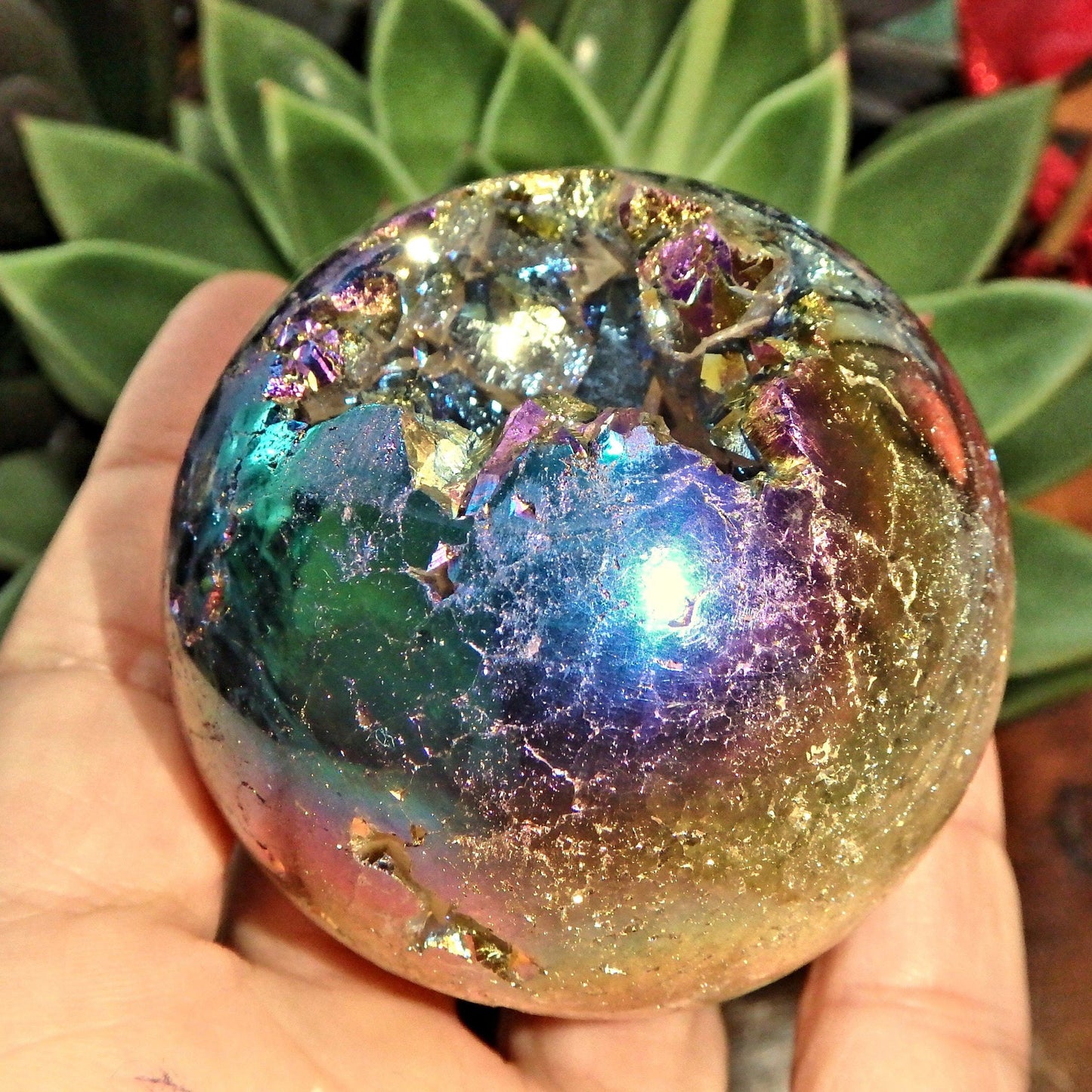  Deep Druzy Caves Rainbow Glow Titanium Quartz Geode Sphere From Brazil