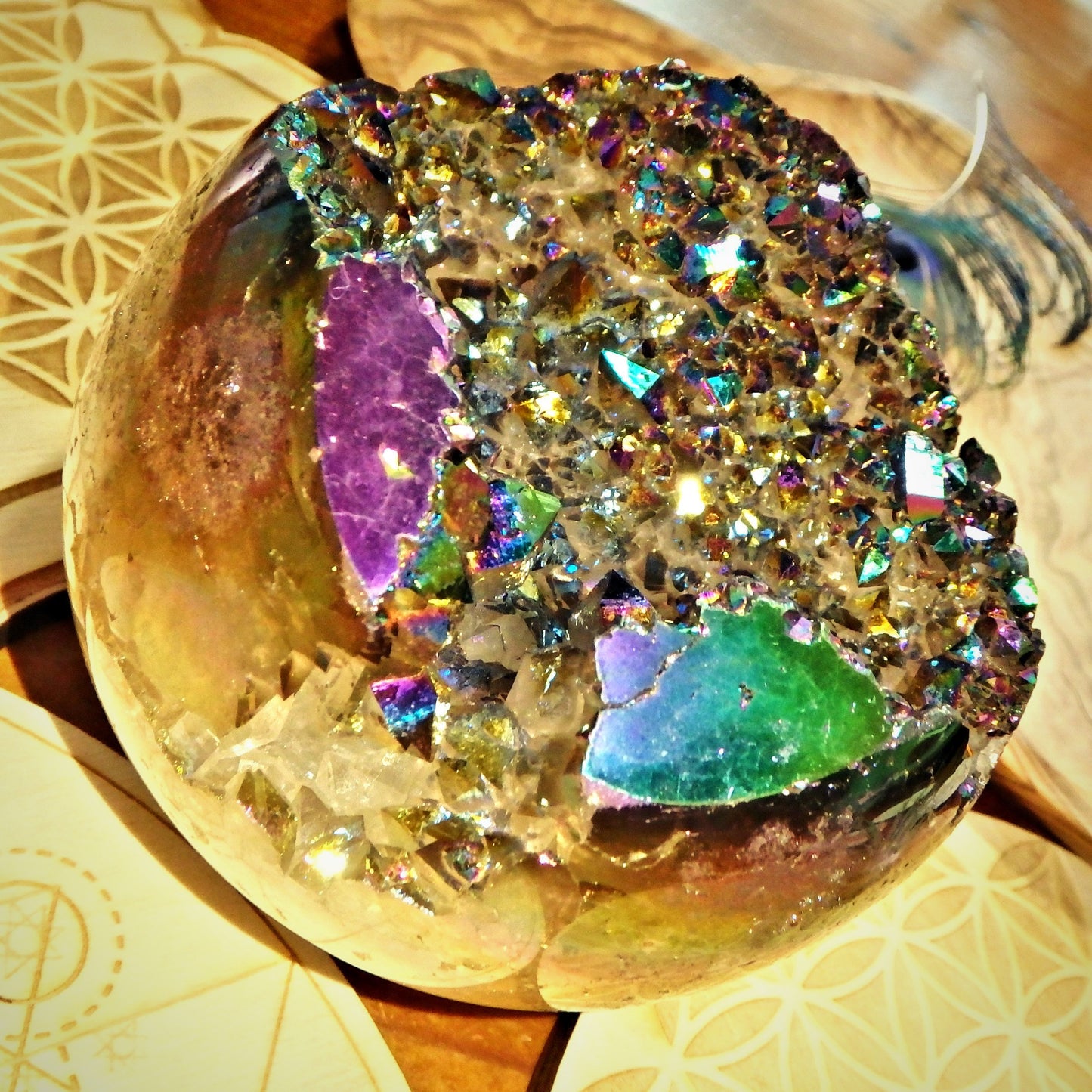 Mesmerizing XL Titanium Quartz Geode Sphere Carving From Brazil - Earth Family Crystals
