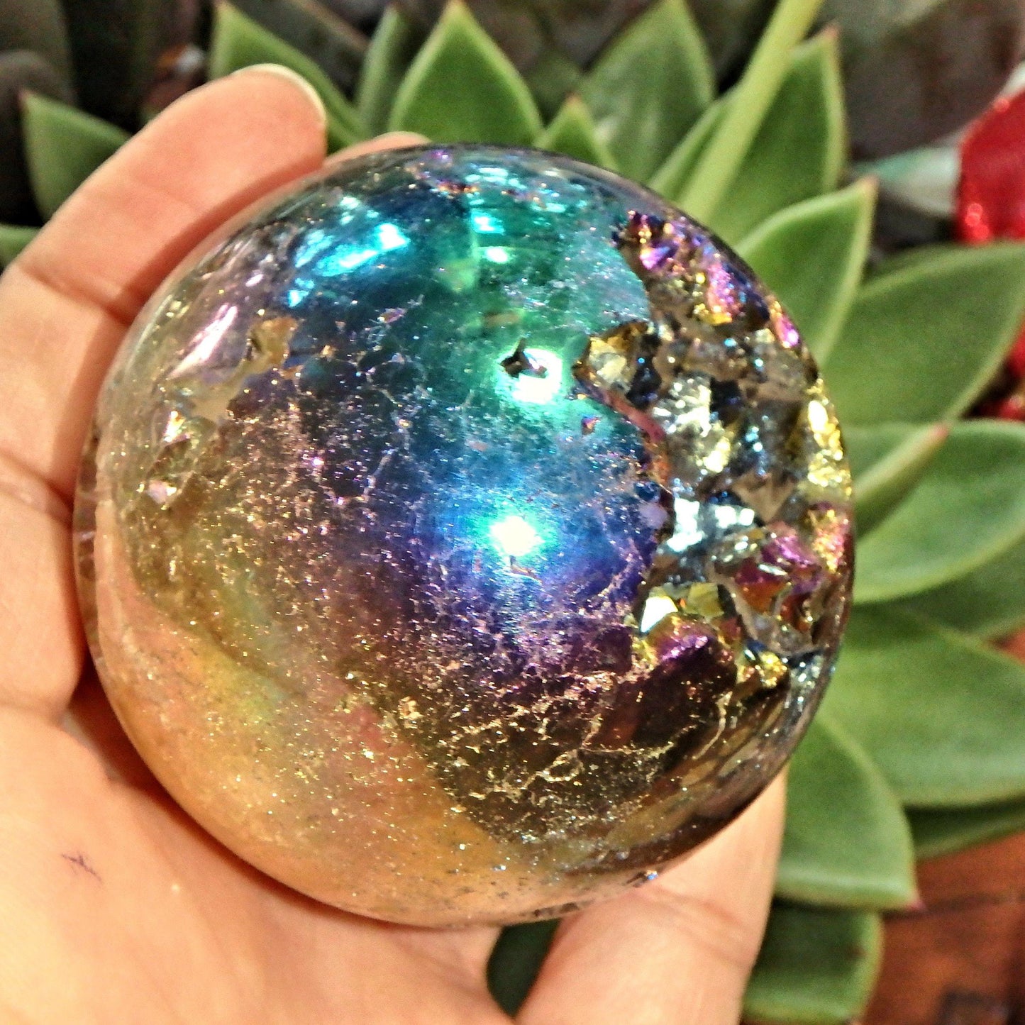  Deep Druzy Caves Rainbow Glow Titanium Quartz Geode Sphere From Brazil