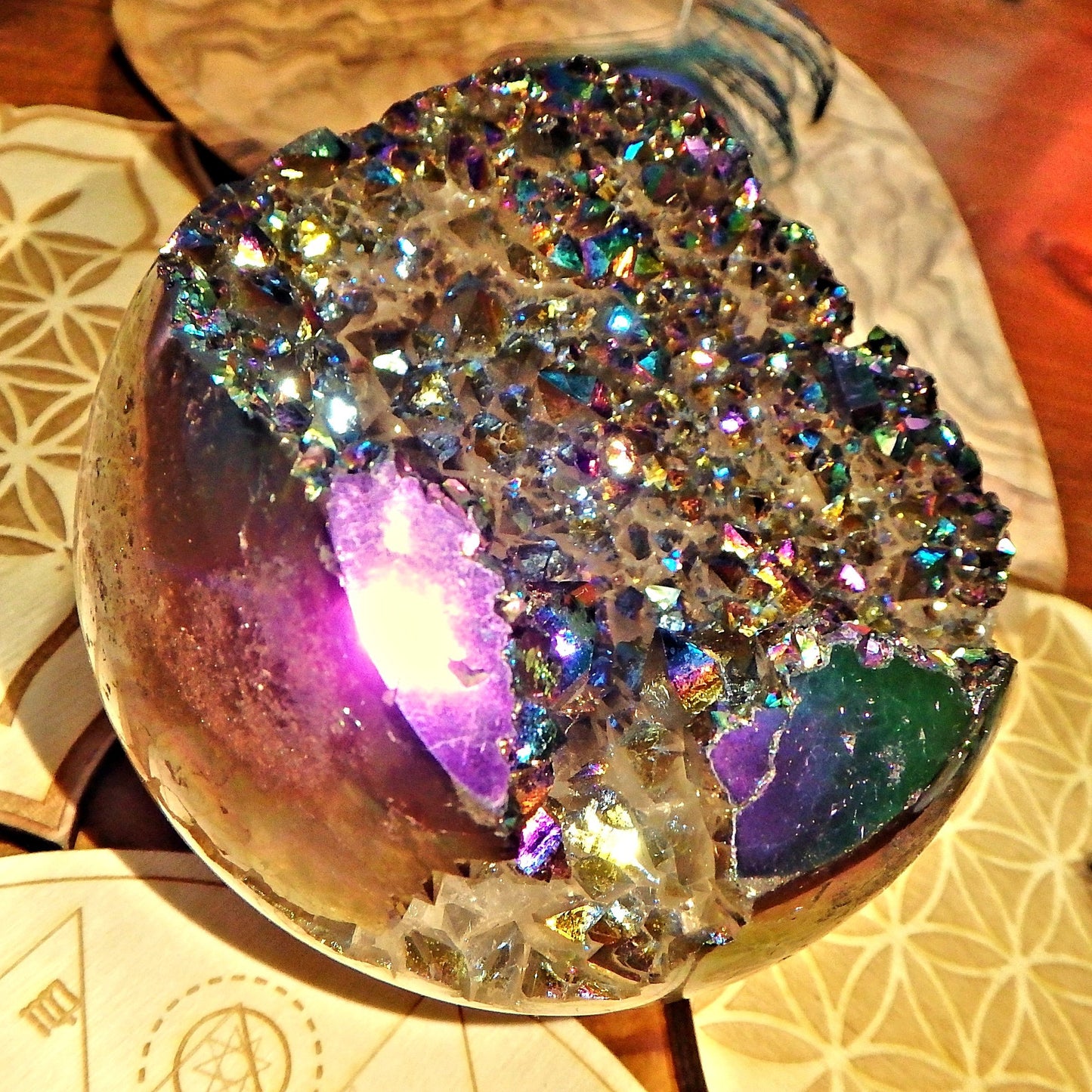 Mesmerizing XL Titanium Quartz Geode Sphere Carving From Brazil - Earth Family Crystals
