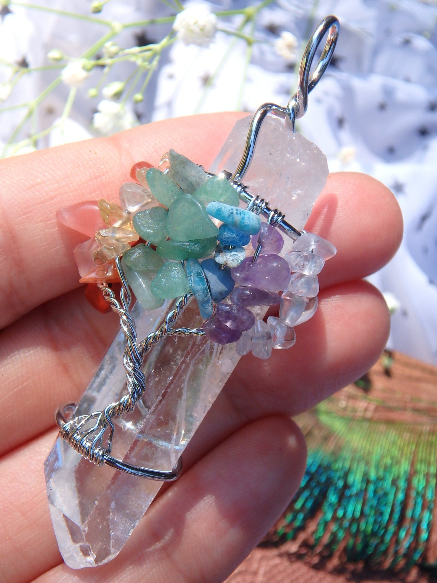  Chakra Stones Tree of Life Wire Wrapped Quartz Point Pendant