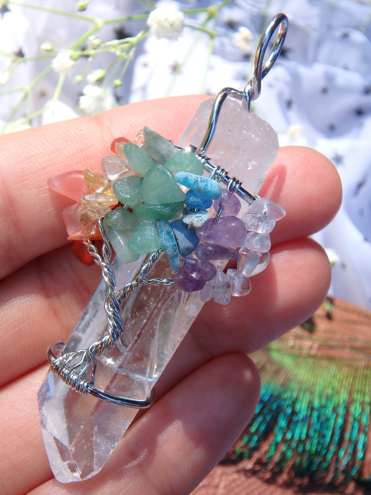  Chakra Stones Tree of Life Wire Wrapped Quartz Point Pendant