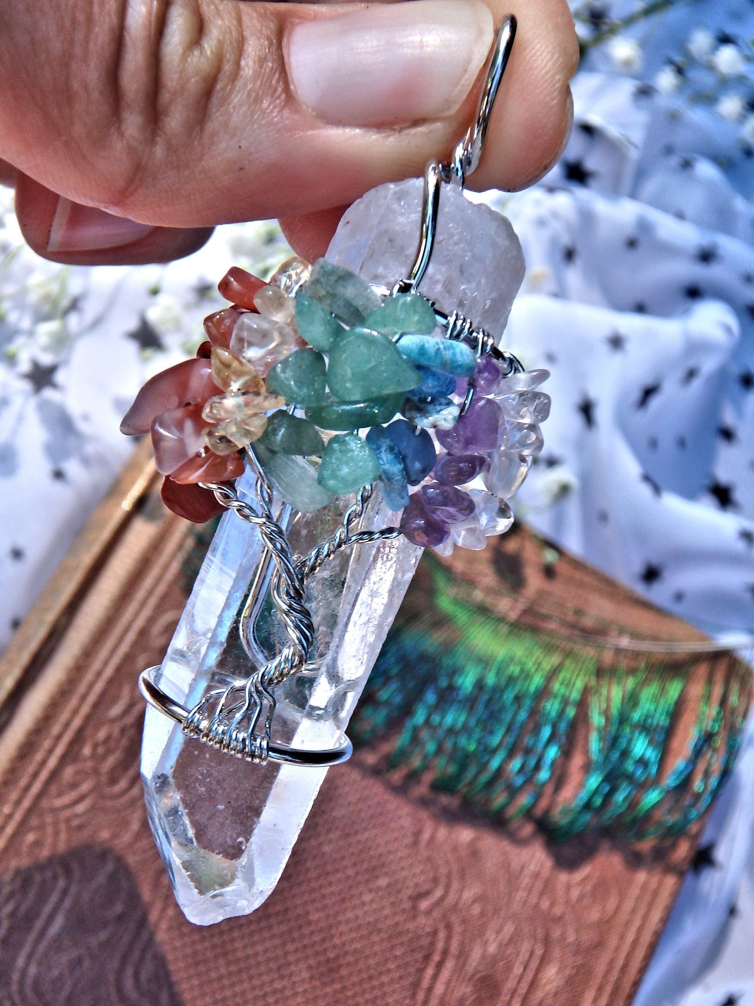 Chakra Stones Tree of Life Wire Wrapped Quartz Point Pendant
