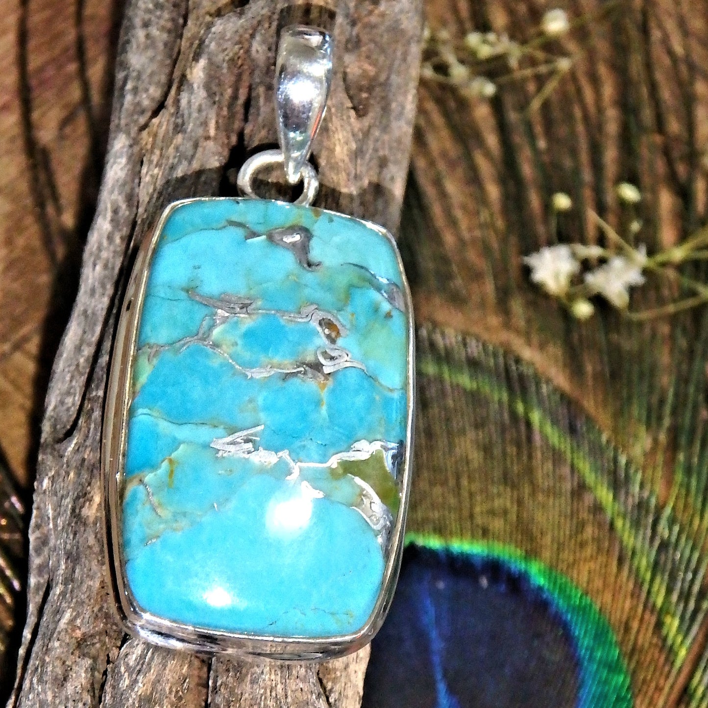 Gorgeous Vibrant Blue Turquoise & Genuine Silver Veins Gemstone Pendant in Sterling Silver (Includes Silver Chain) 1 - Earth Family Crystals