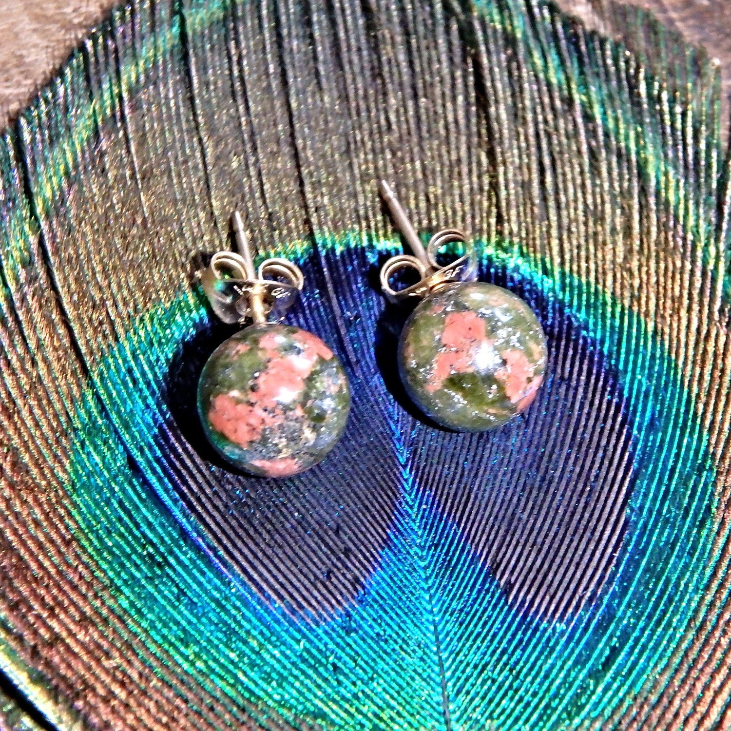  Cute Unakite Gold Fill Stud Earrings