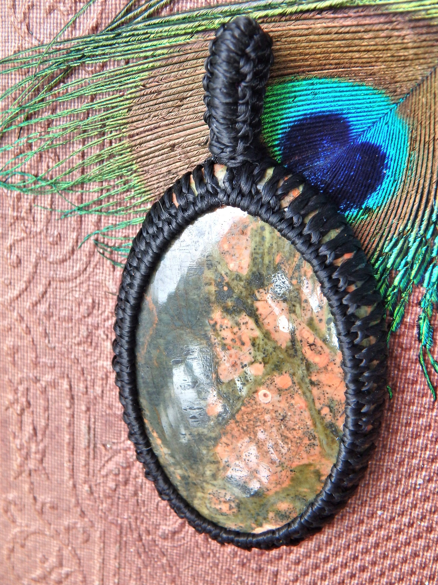 Salmon Pink & Forest Green Unakite  Macrame Wrapped Pendant - Metiz Tier Price