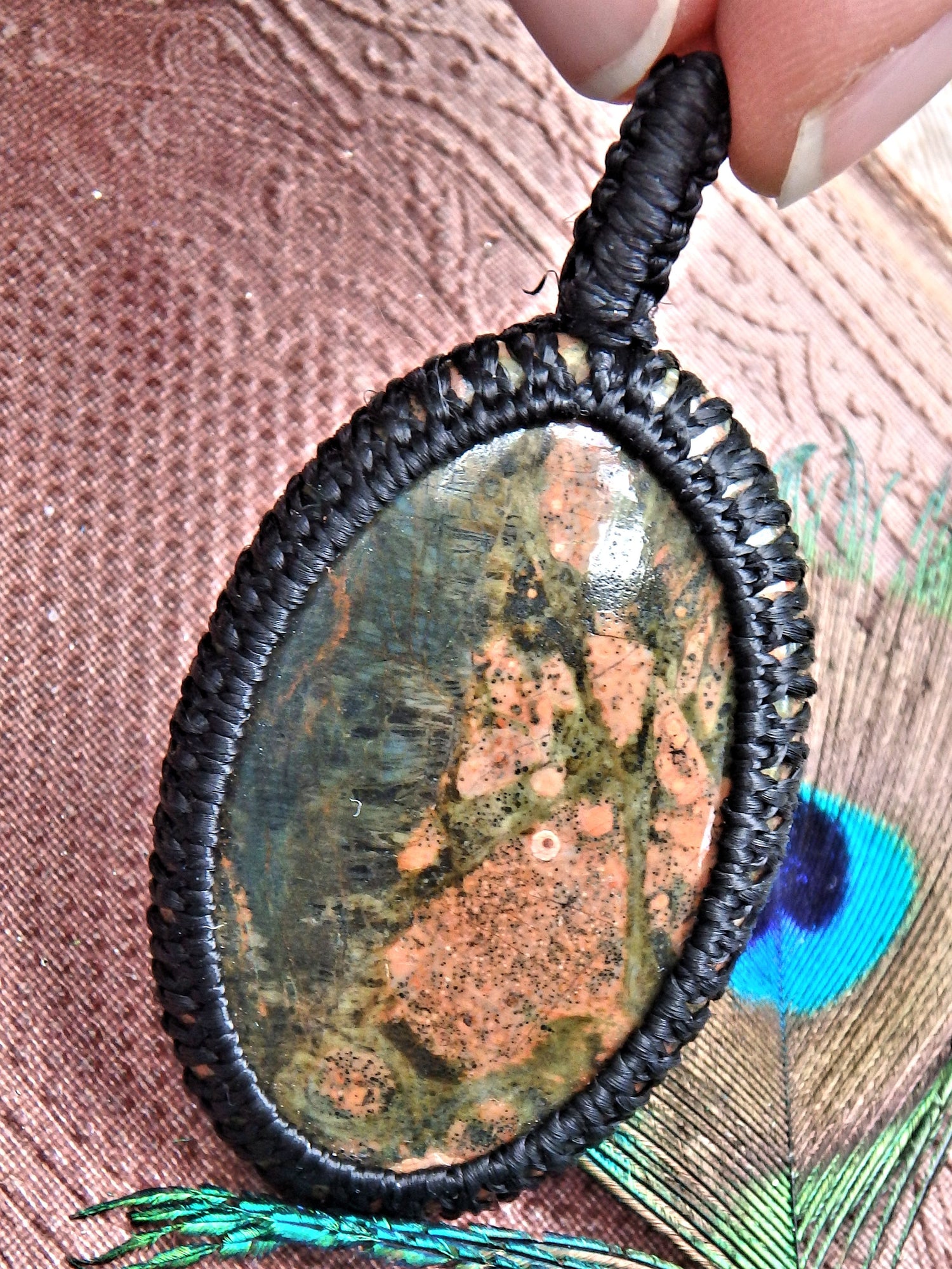 Salmon Pink & Forest Green Unakite  Macrame Wrapped Pendant - Metiz Tier Price
