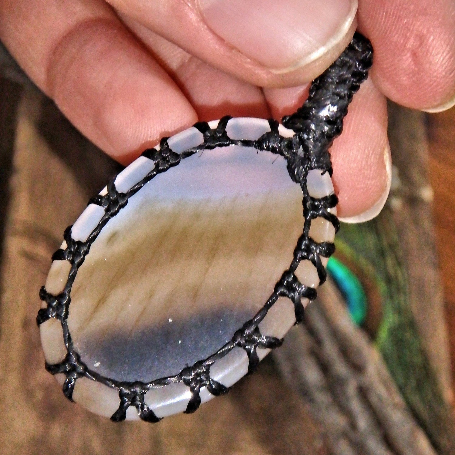  Earthy Brown & White Agate Handmade Macrame Pendant