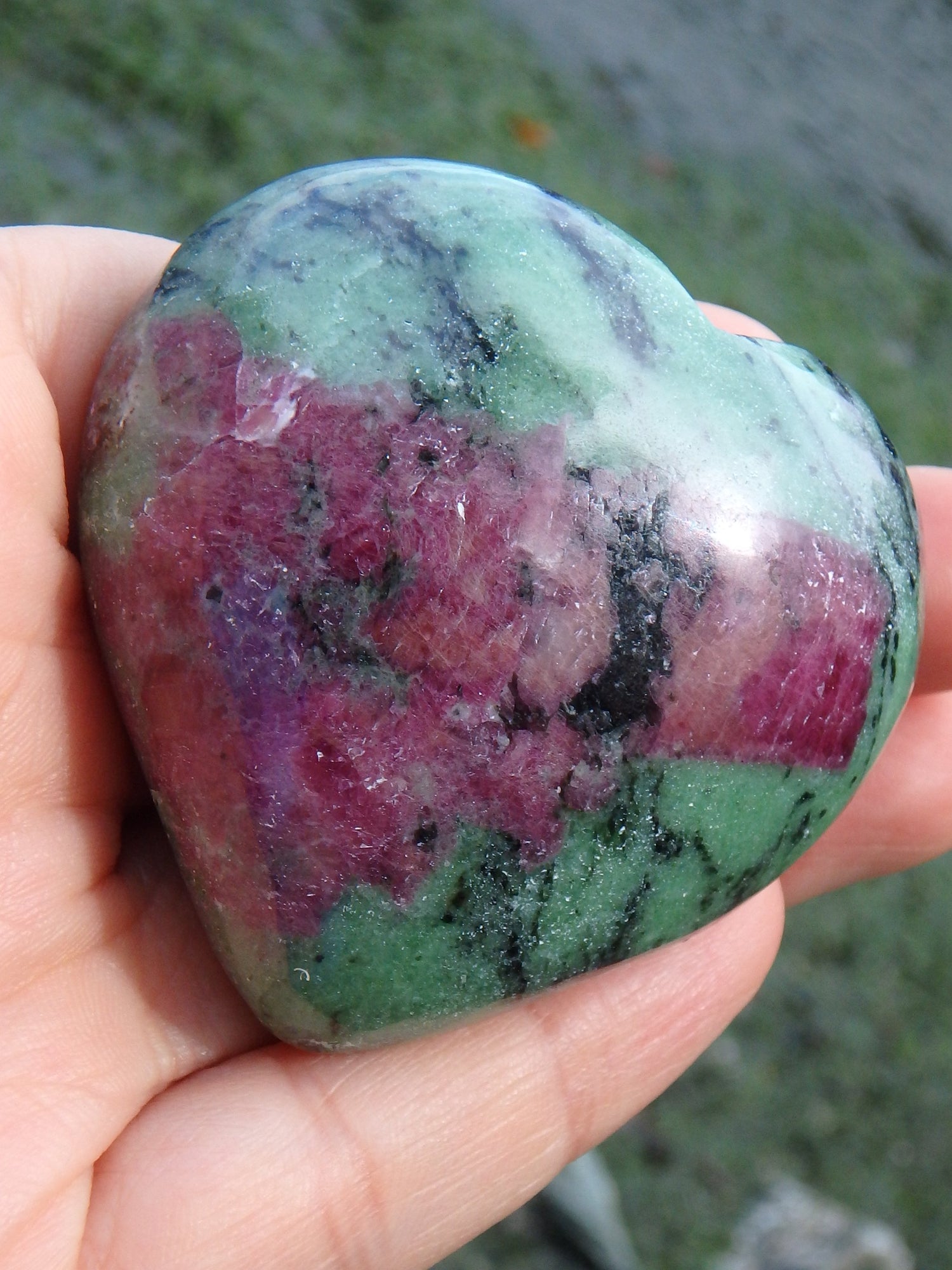 Lovely Green & Burgundy Red Ruby Zoisite Heart Carving - Earth Family Crystals