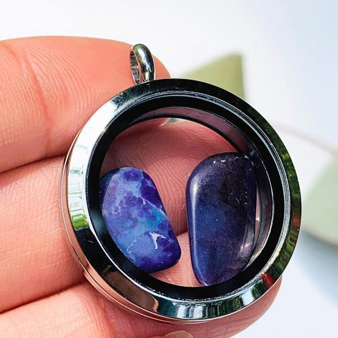  2 Sugilite  Floating stones in Locket Style Unscrewable Stainless Steel Pendant (Includes Silver Chain)