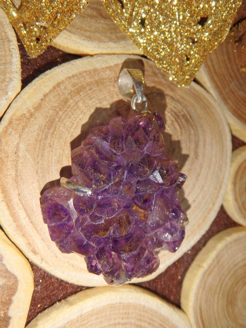  Breathtaking Deep Purple Super 7 Druzy Cluster Pendant in Sterling Silver (Includes Silver Chain)