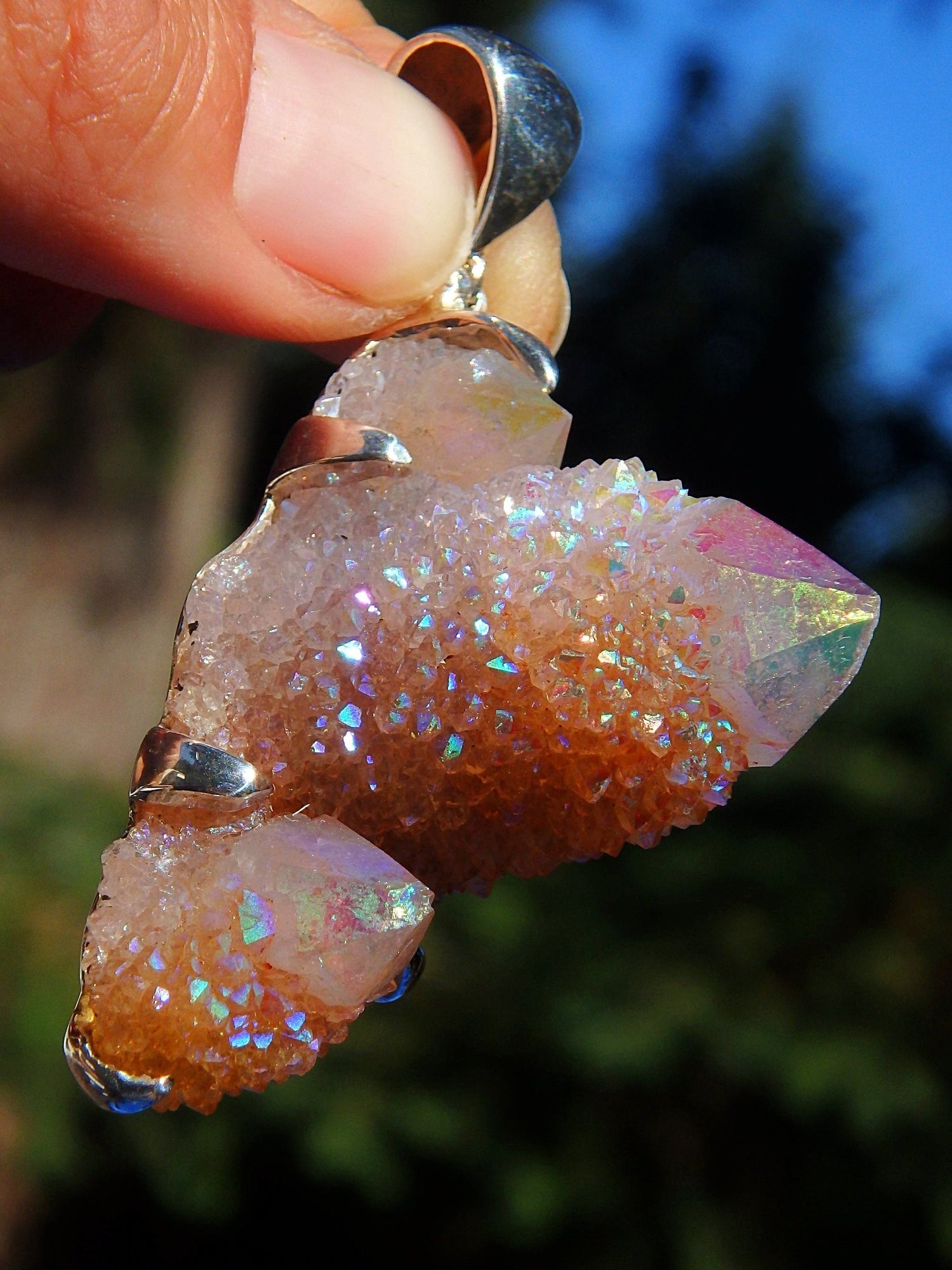  Chunky Statement Piece~Shimmering Angel Aura Spirit Quartz Triple Point Pendant in Sterling Silver (Includes Silver Chain)