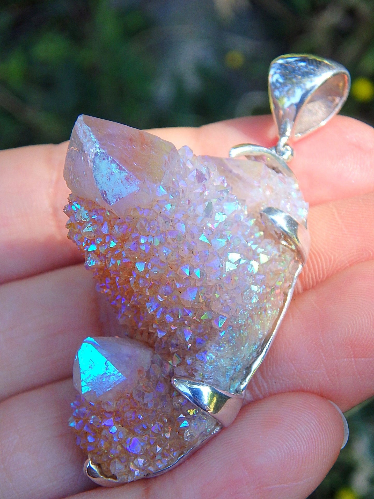  Chunky Statement Piece~Shimmering Angel Aura Spirit Quartz Triple Point Pendant in Sterling Silver (Includes Silver Chain)